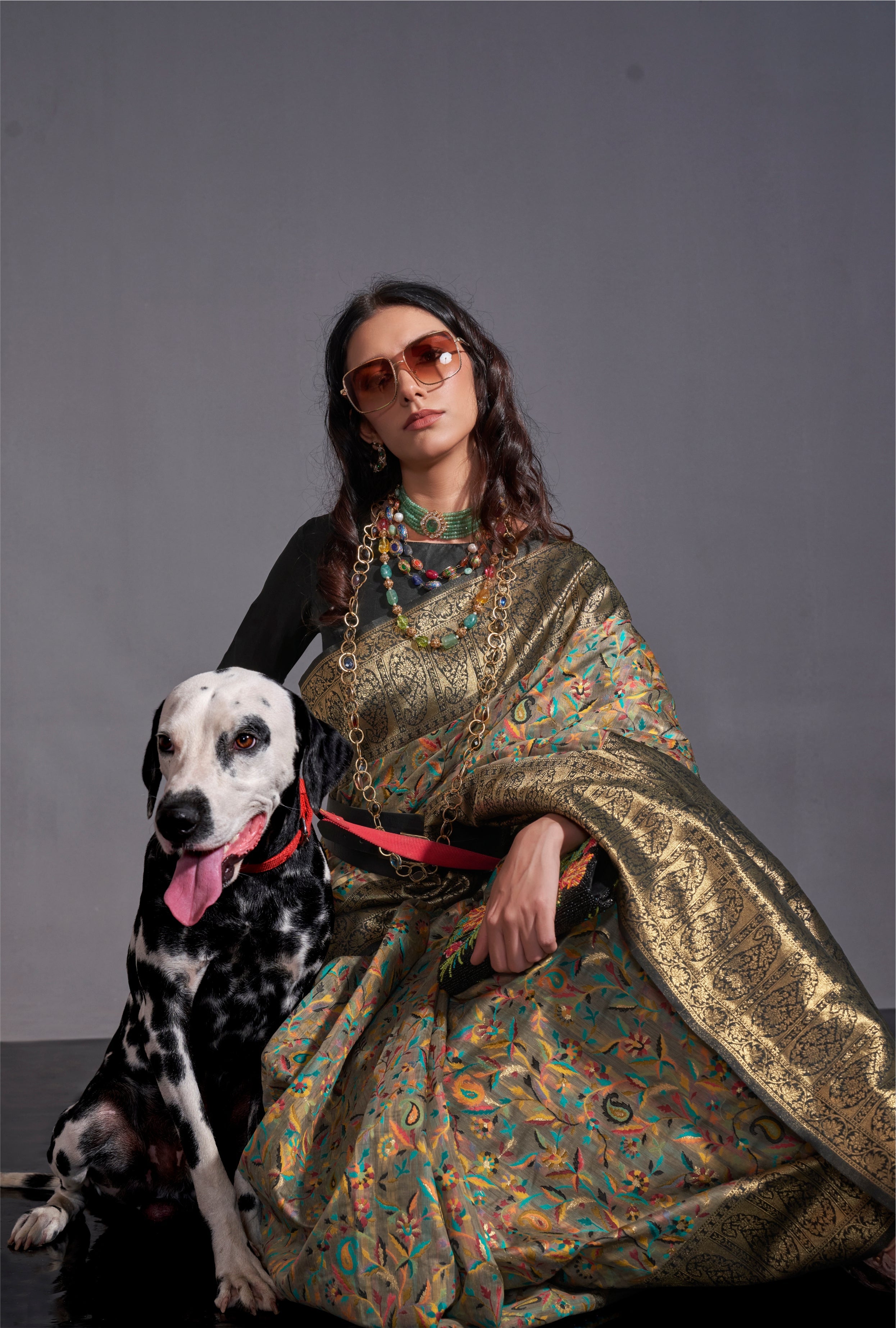 Tobacco Brown and Green Kashmiri Handloom Silk Saree