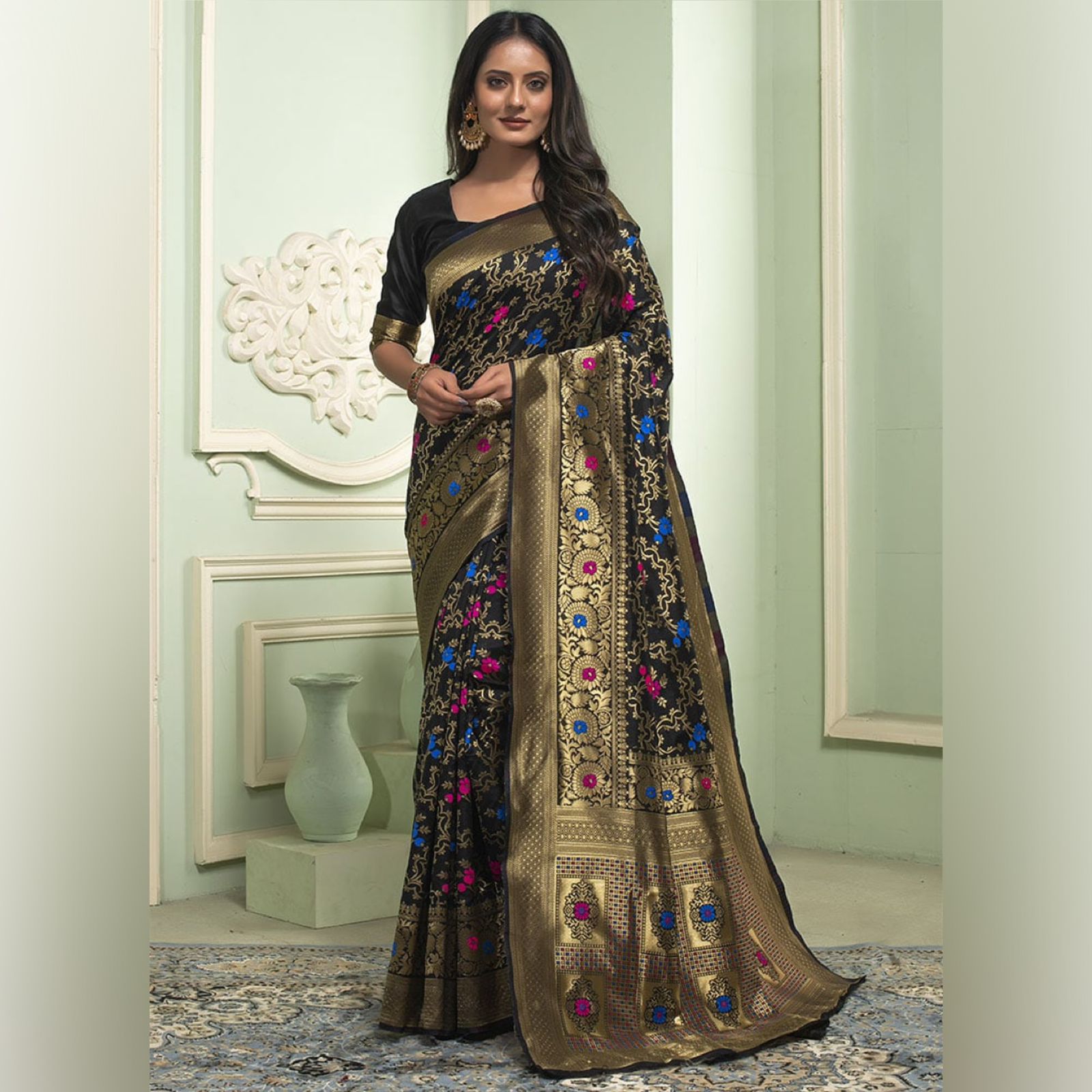 Woven Art Silk Jacquard Saree in Black