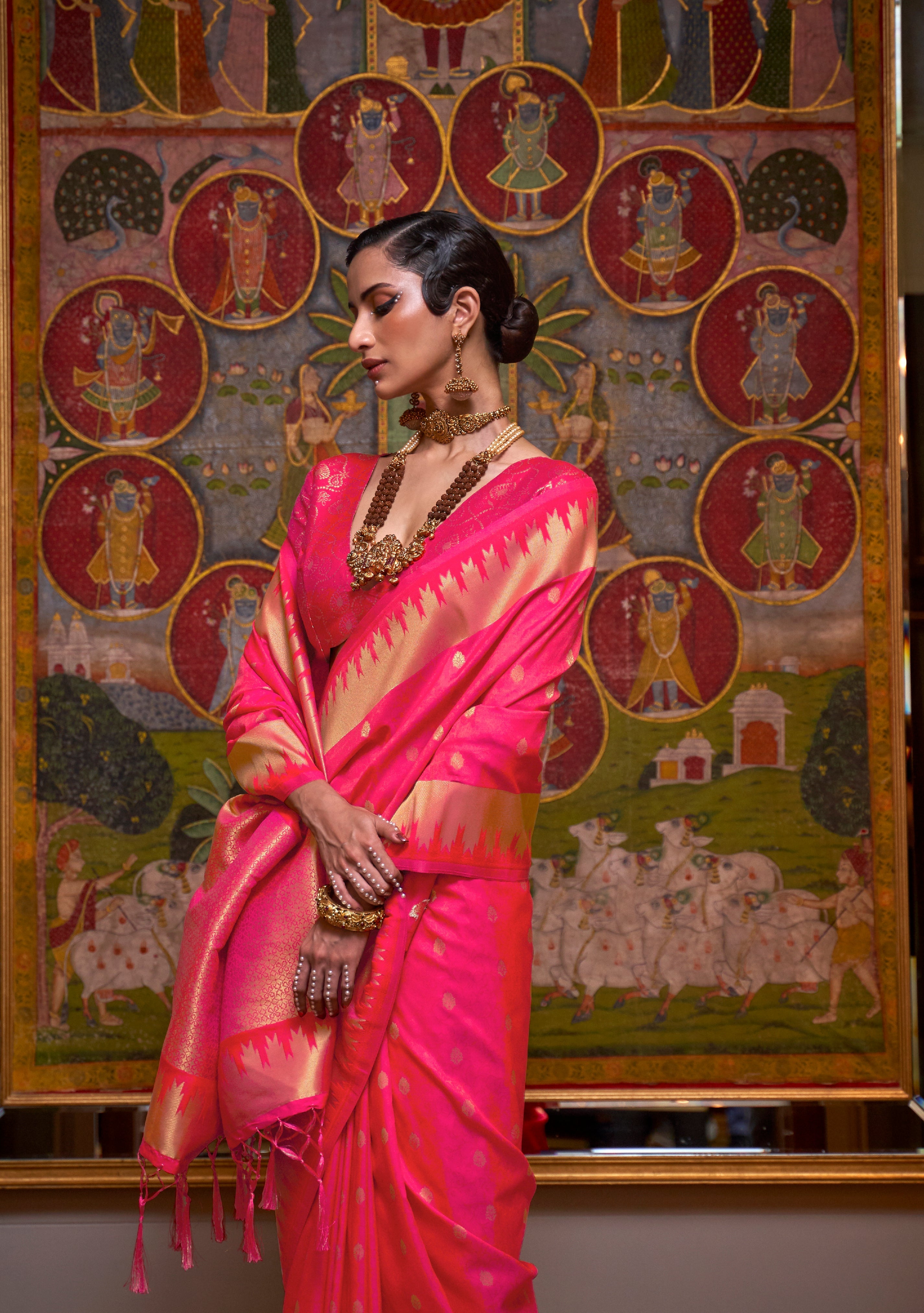 Amaranth Pink Banarasi Handloom Woven Silk Saree