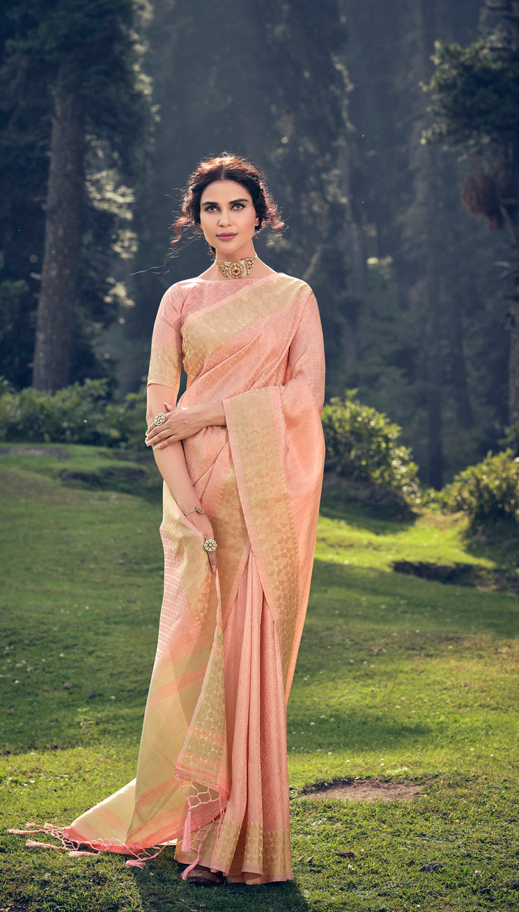 Shiny Peach Linen Tissue Saree