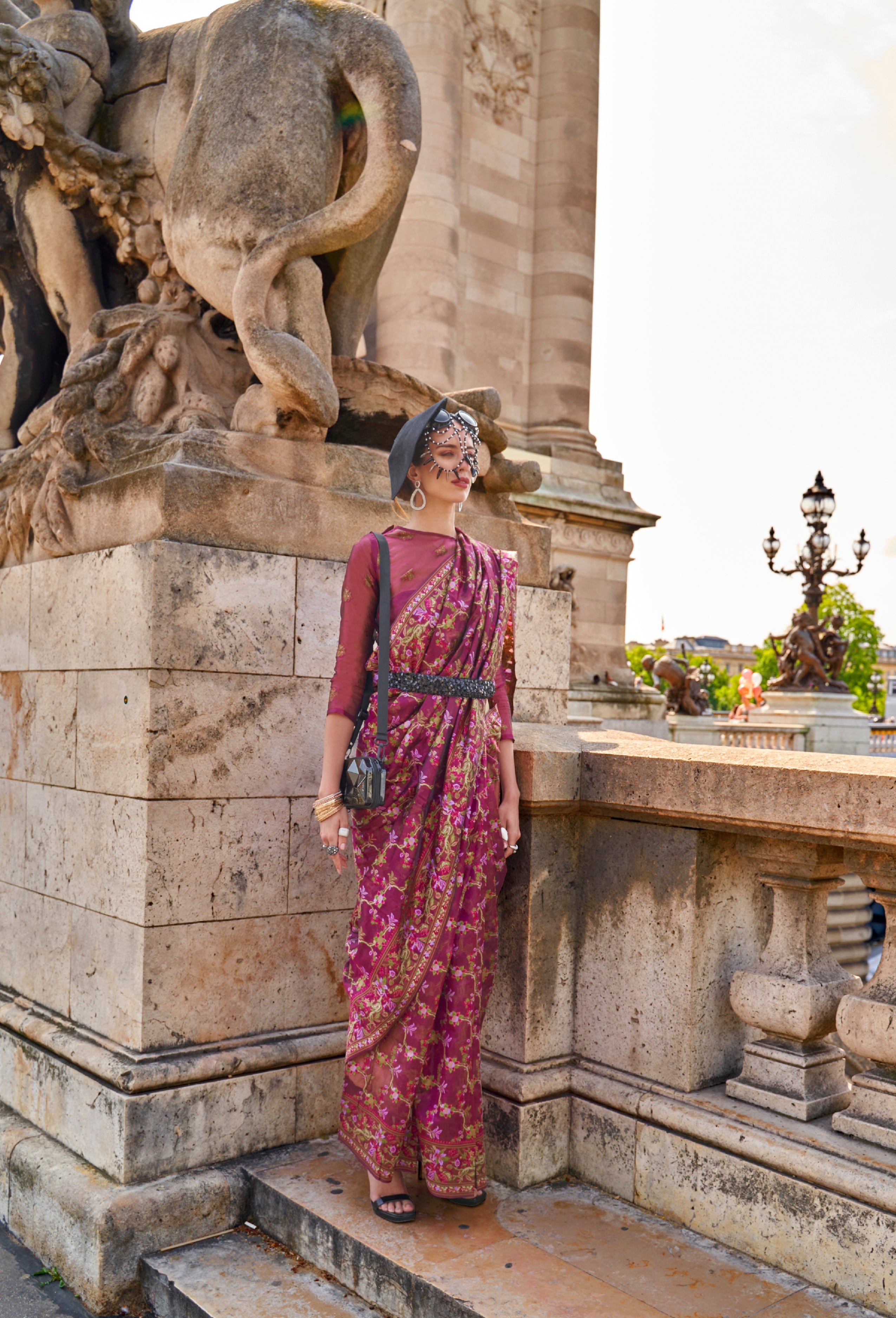 Hippie Pink Organza Handloom Parsi Saree