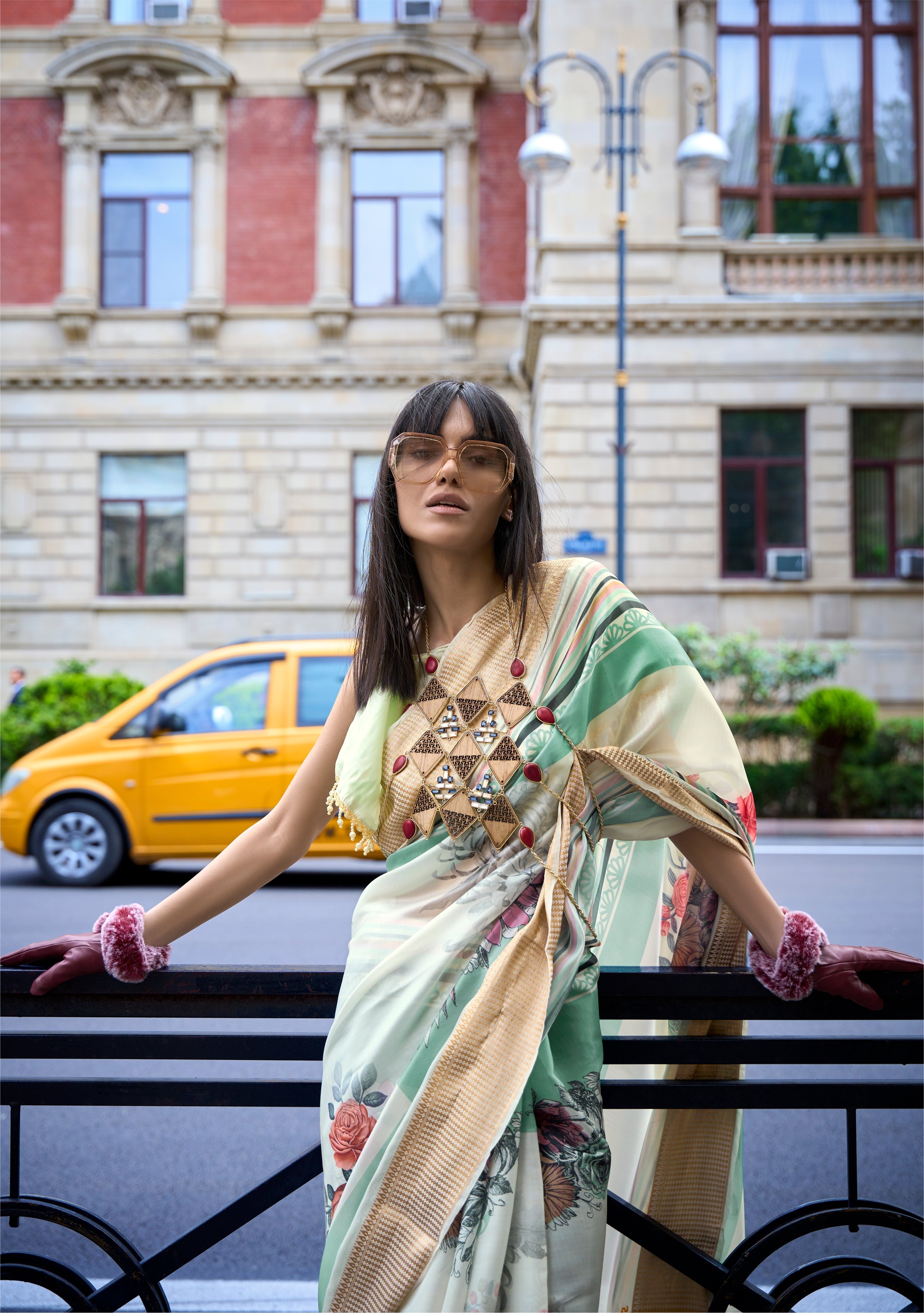 Sidecar Cream and Green Organza Printed Satin Silk Saree