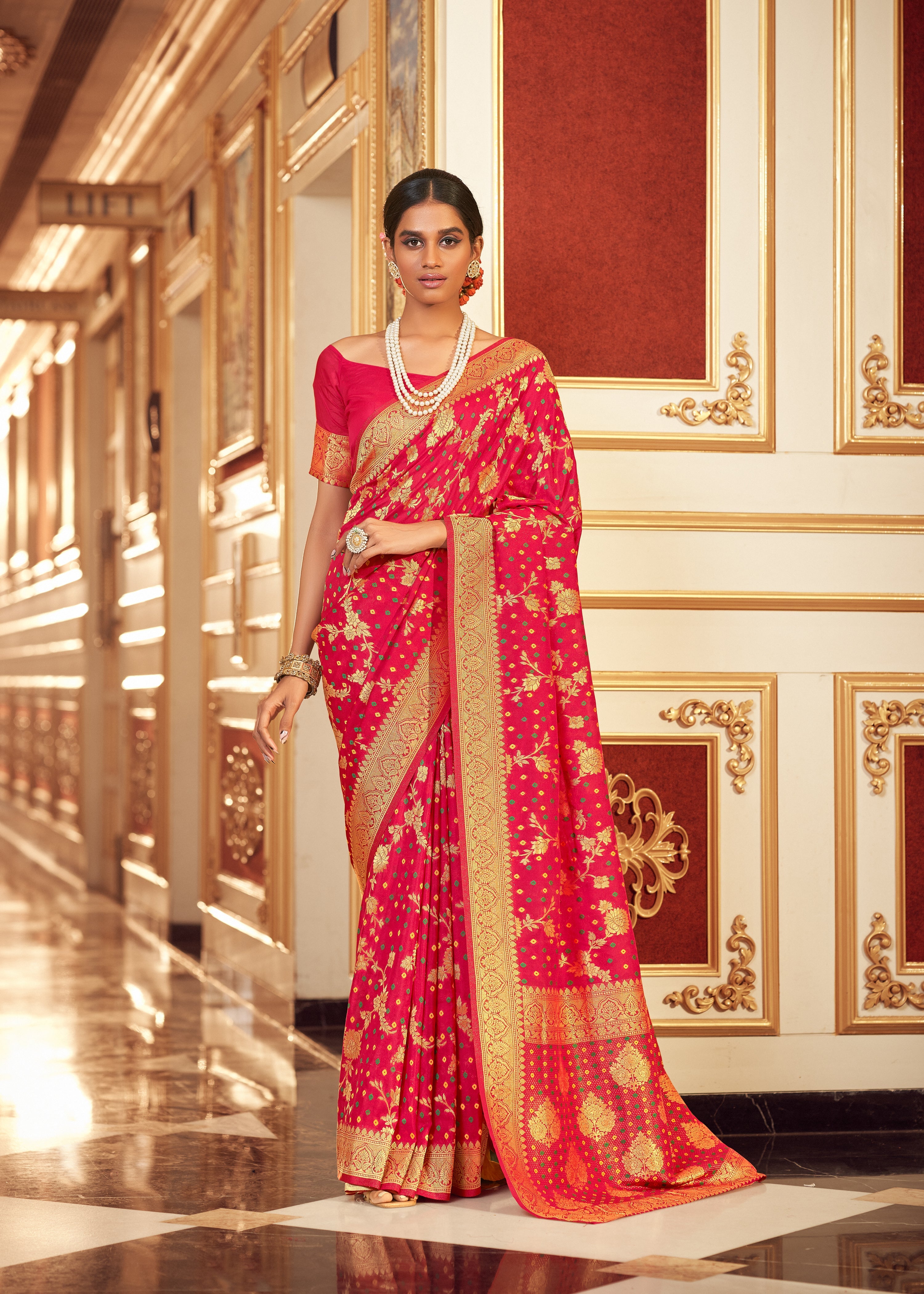 Cabaret Pink Zari Woven Chiffon Bandhani Saree