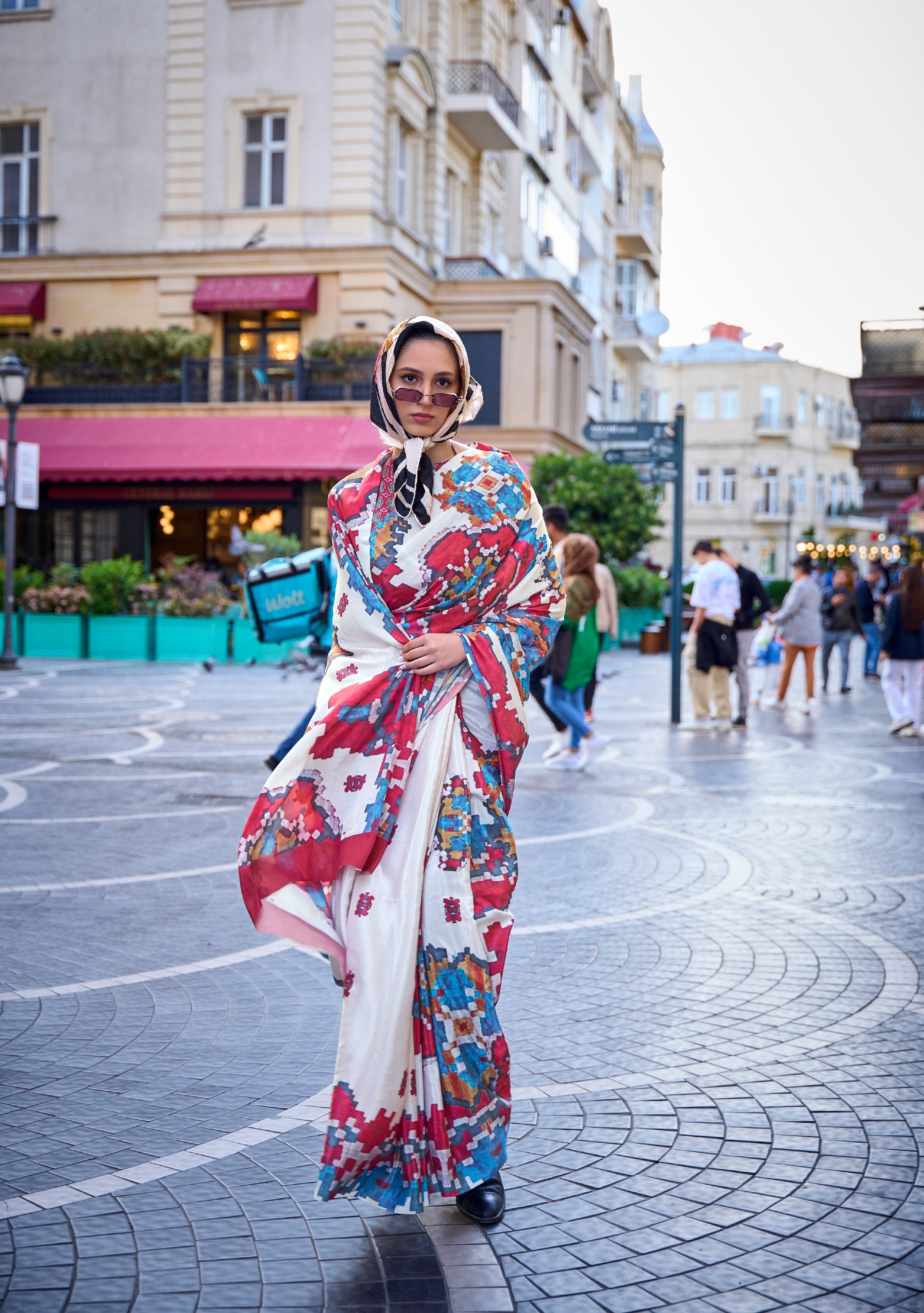 Multicolor White Printed Handloom Satin Saree