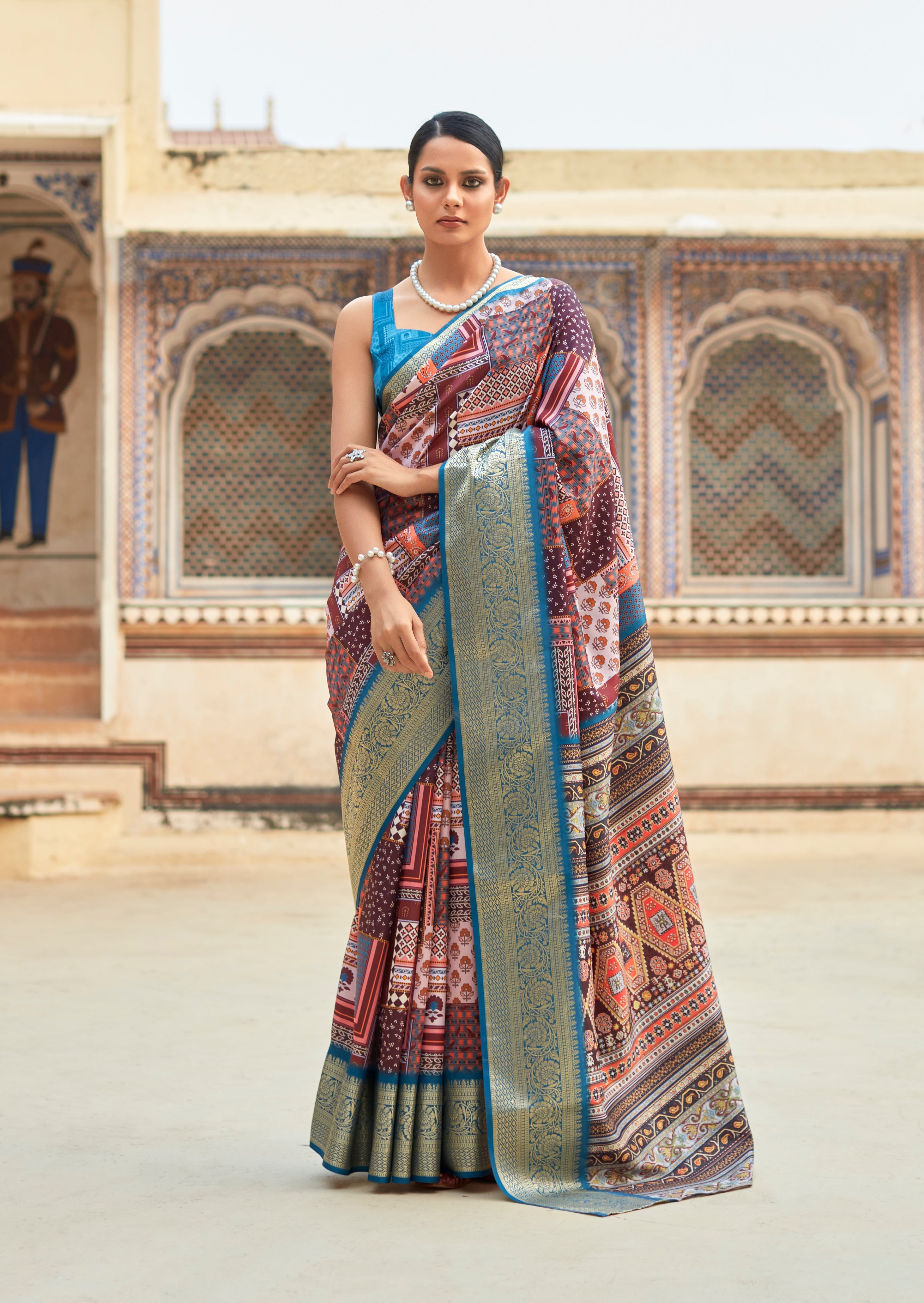 Ming Blue and Pink Banarasi Printed Silk Saree