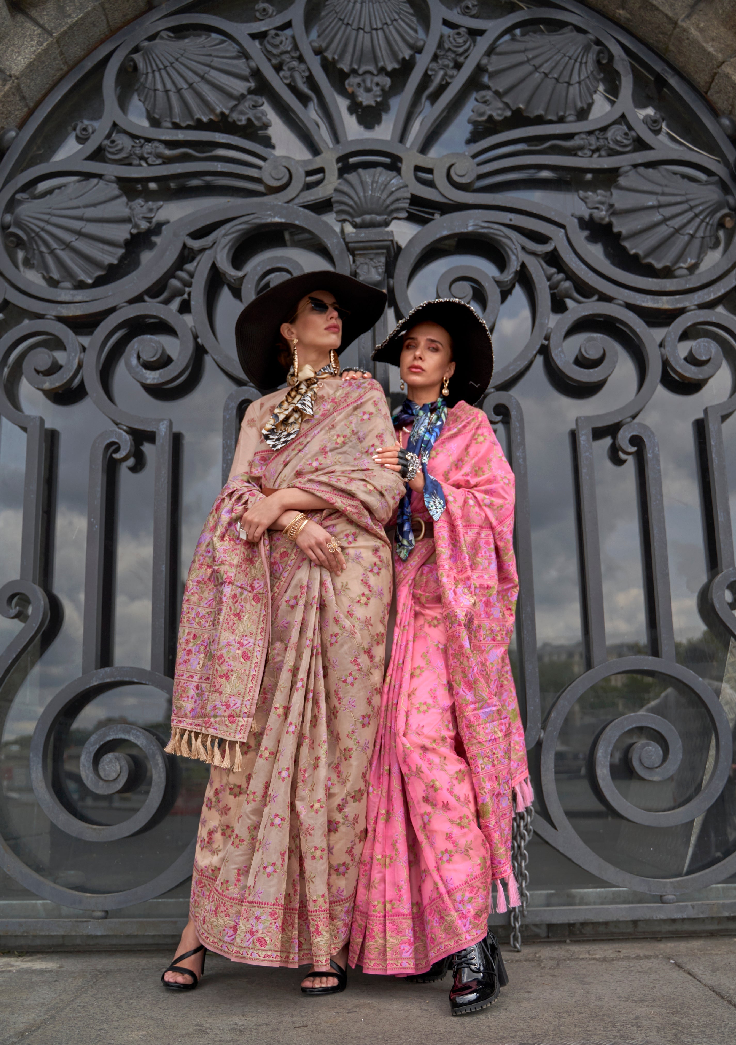 Eunry Pink Organza Handloom Parsi Saree