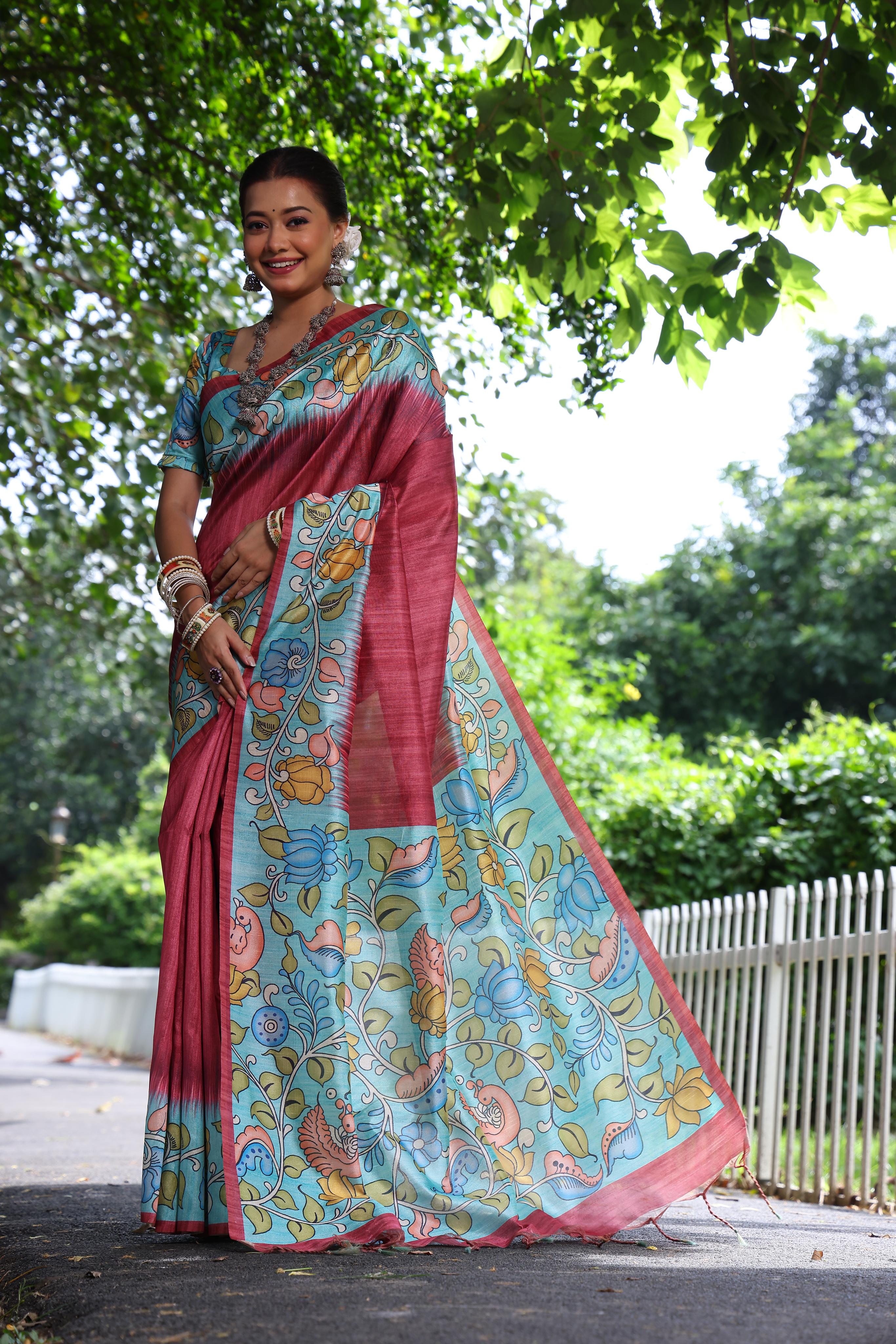 Begonia Red Floral Printed Cotton Saree