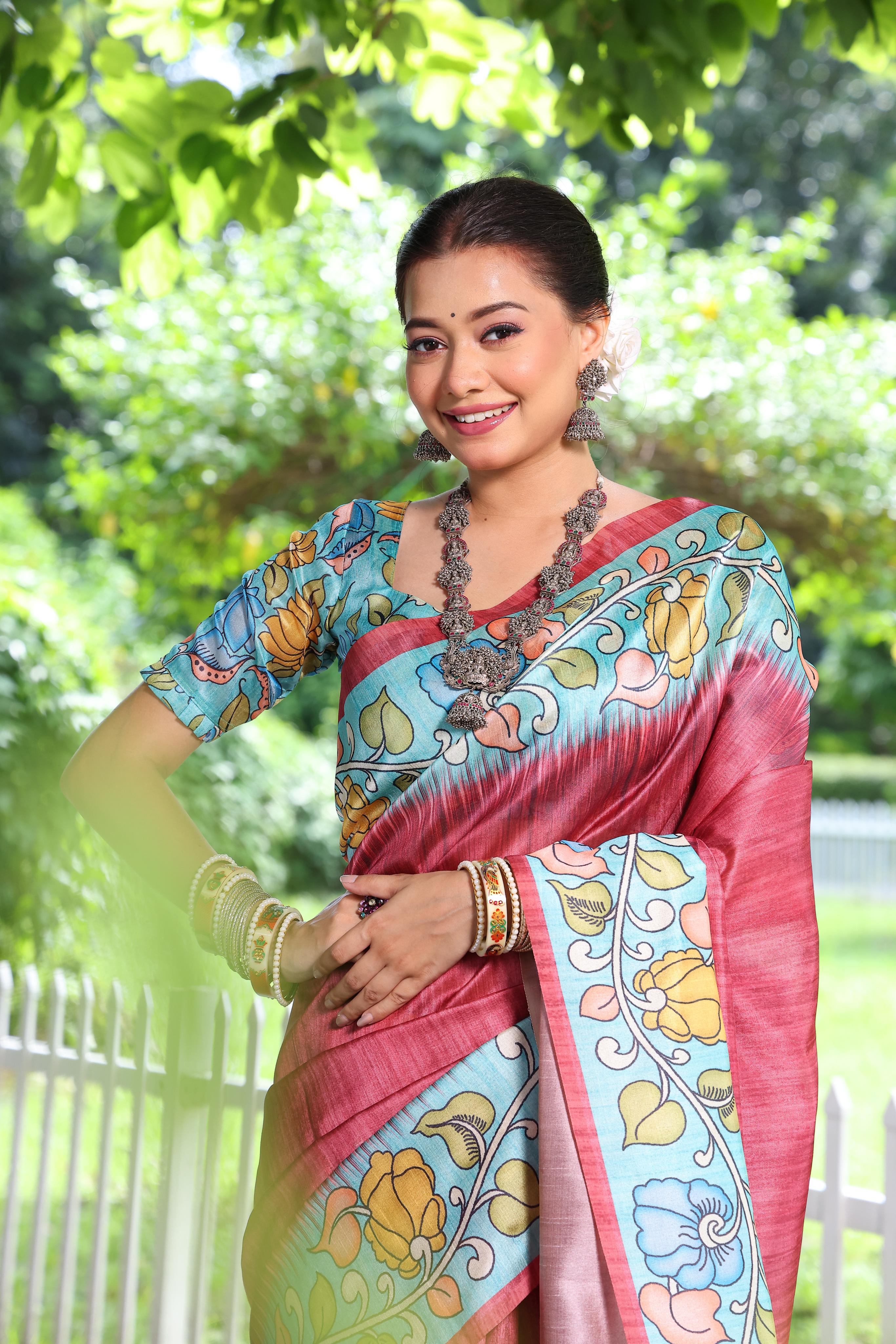 Begonia Red Floral Printed Cotton Saree