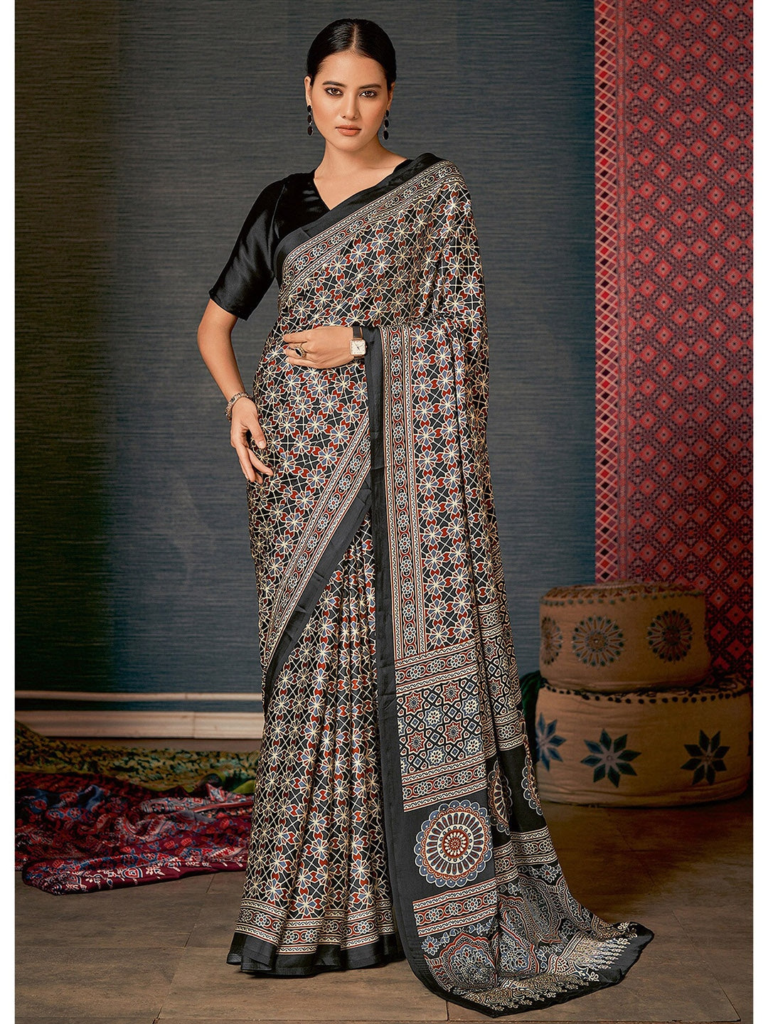 Mine Shaft Black Digital Printed Ajrakh Satin Crepe Saree