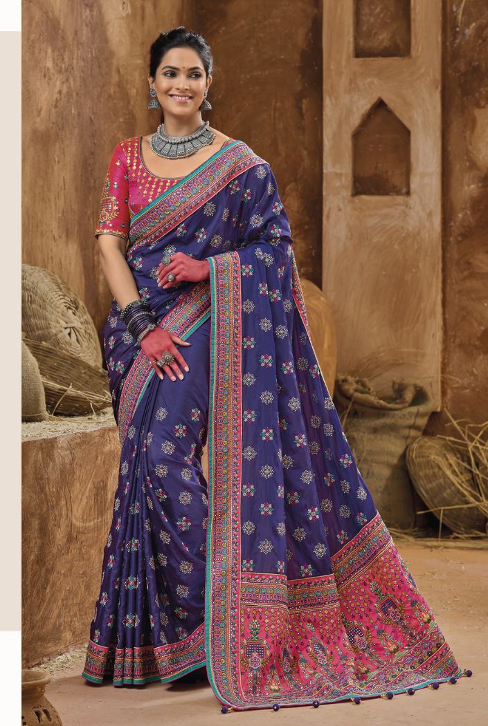 Martinique Blue Banarasi Embroidered Designer Kacchi Work Saree