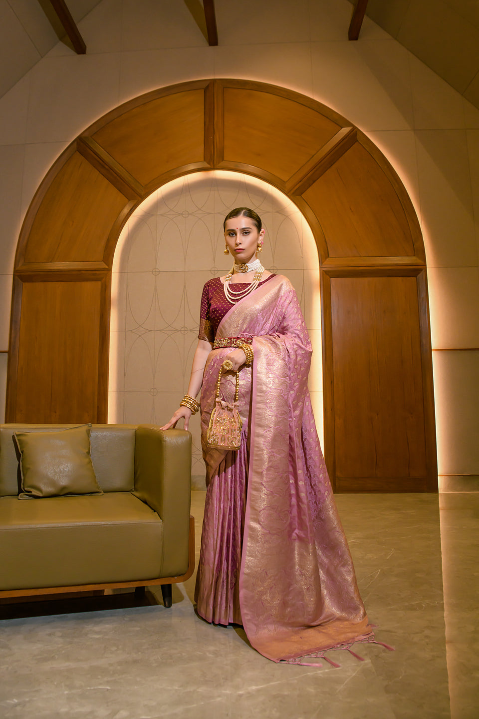 Petite Pink Zari Woven Banarasi Satin Silk Saree