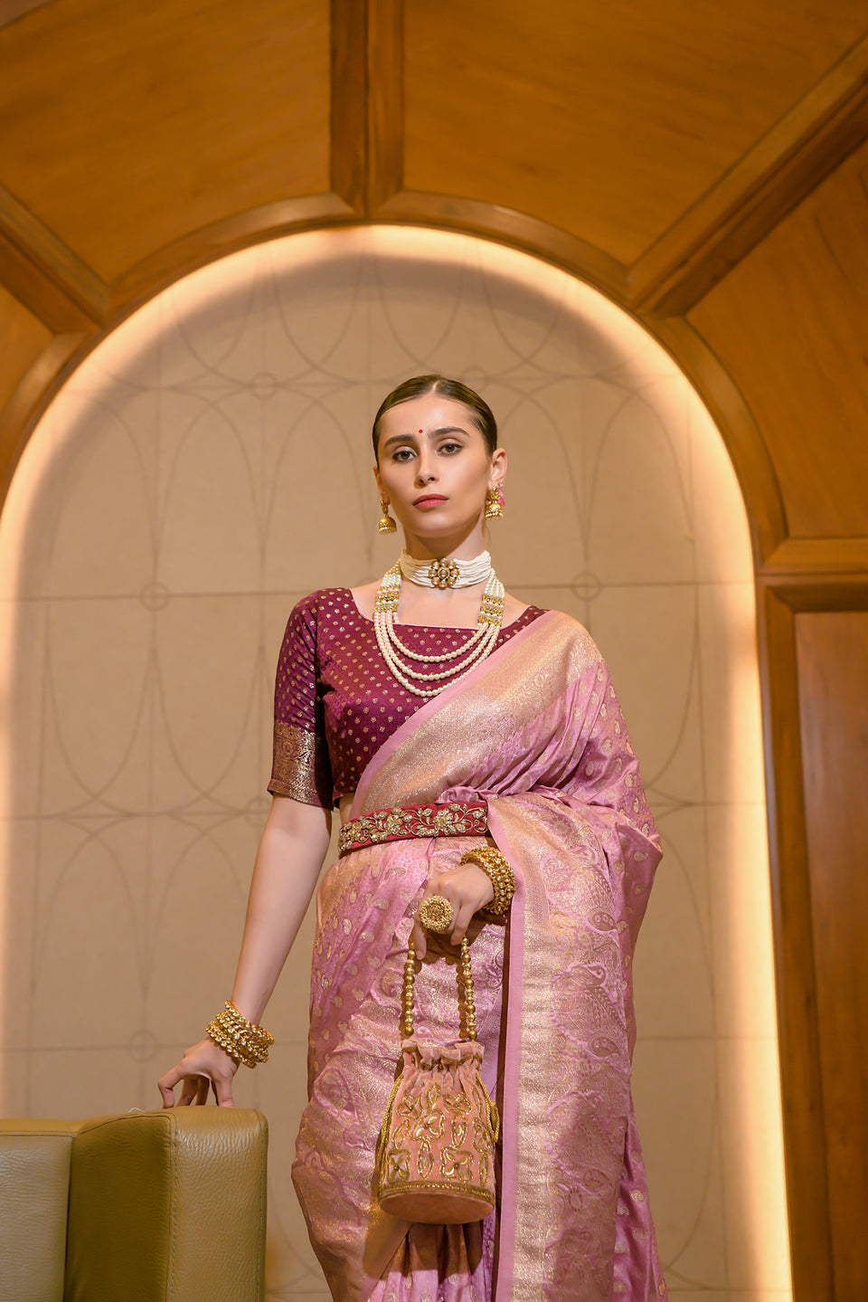 Petite Pink Zari Woven Banarasi Satin Silk Saree