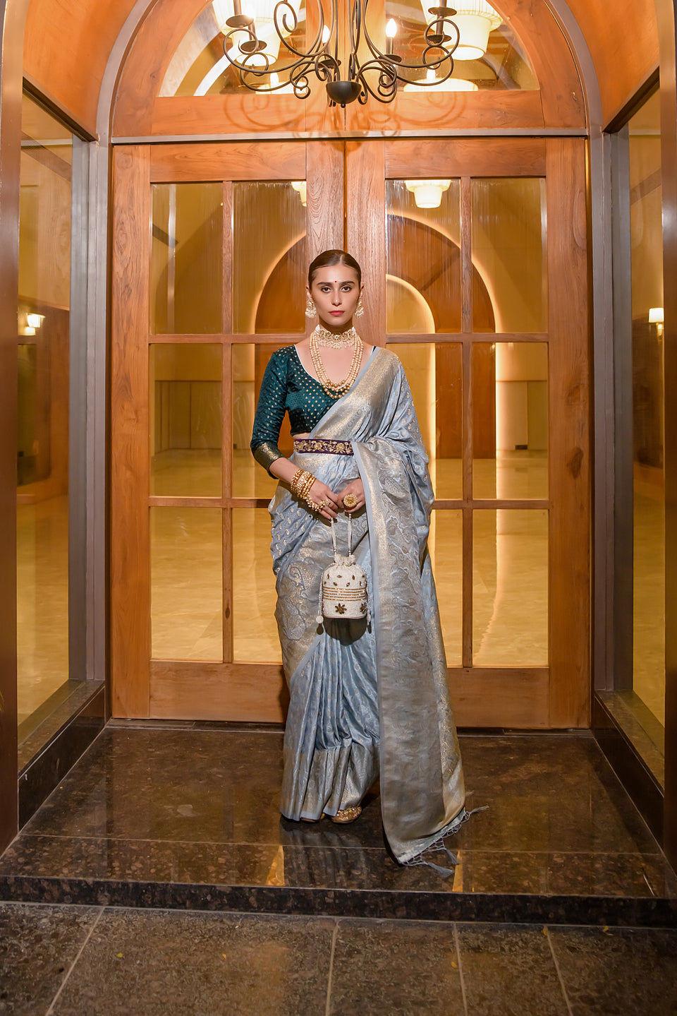 French Grey Zari Woven Banarasi Satin Silk Saree