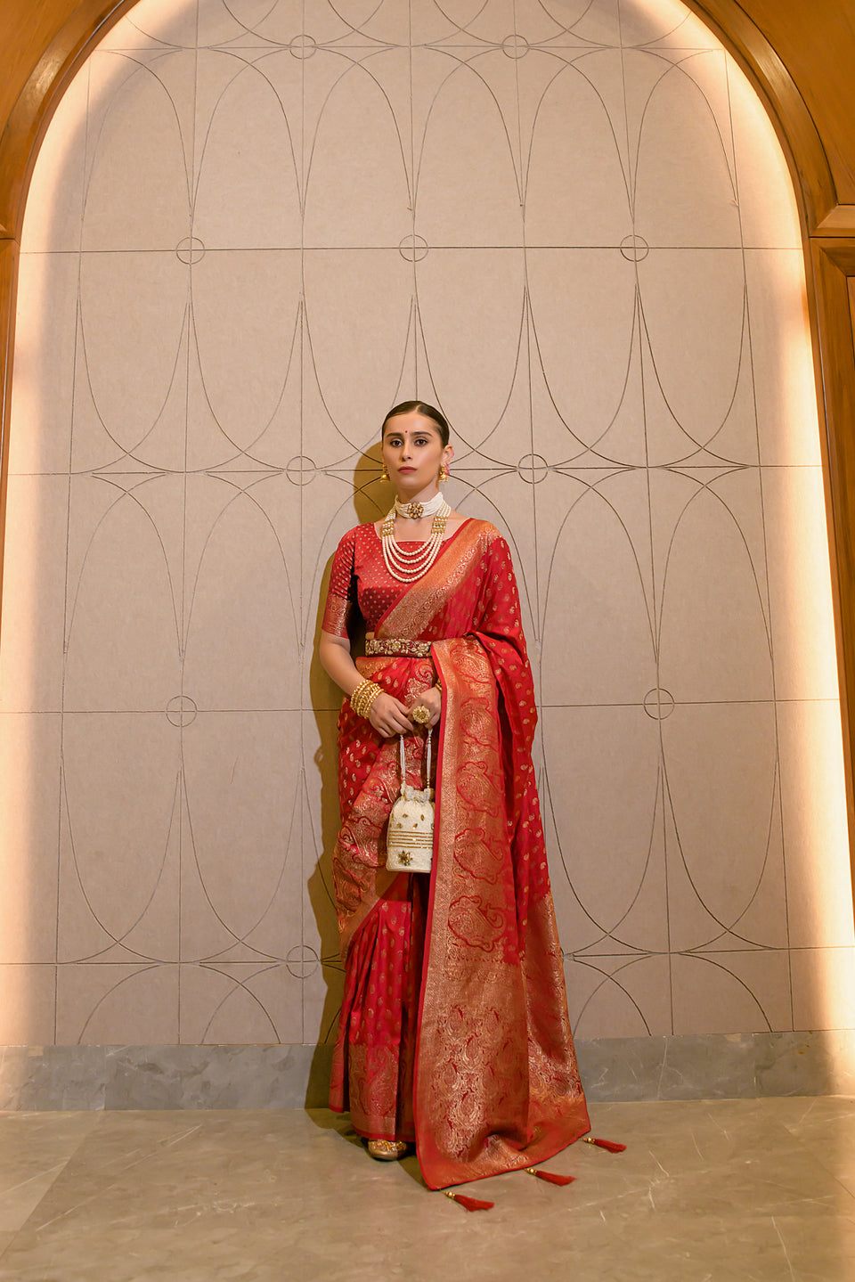 Persian Red Zari Woven Banarasi Satin Silk Saree