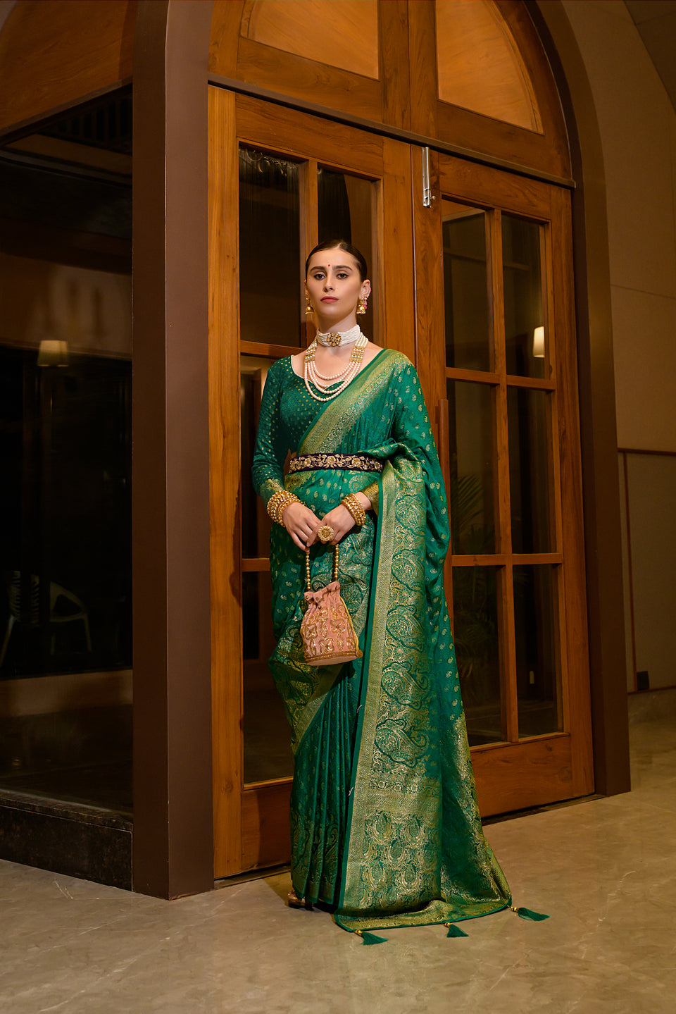 Timber Green Zari Woven Banarasi Satin Silk Saree