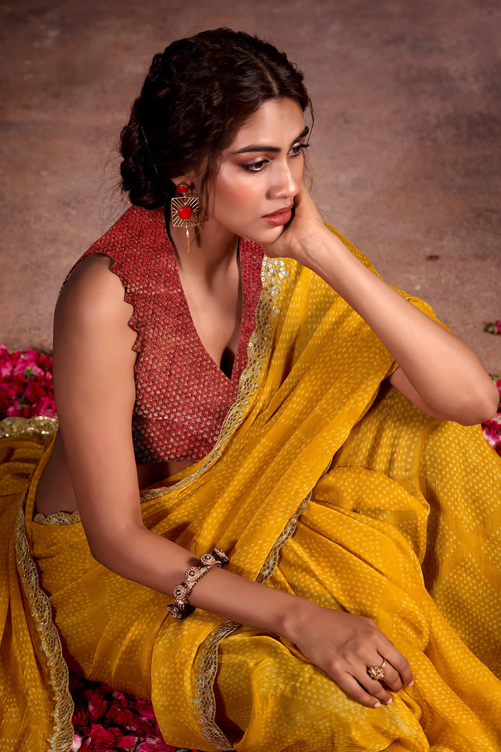 Sun Yellow Designer Georgette Bandhani Saree