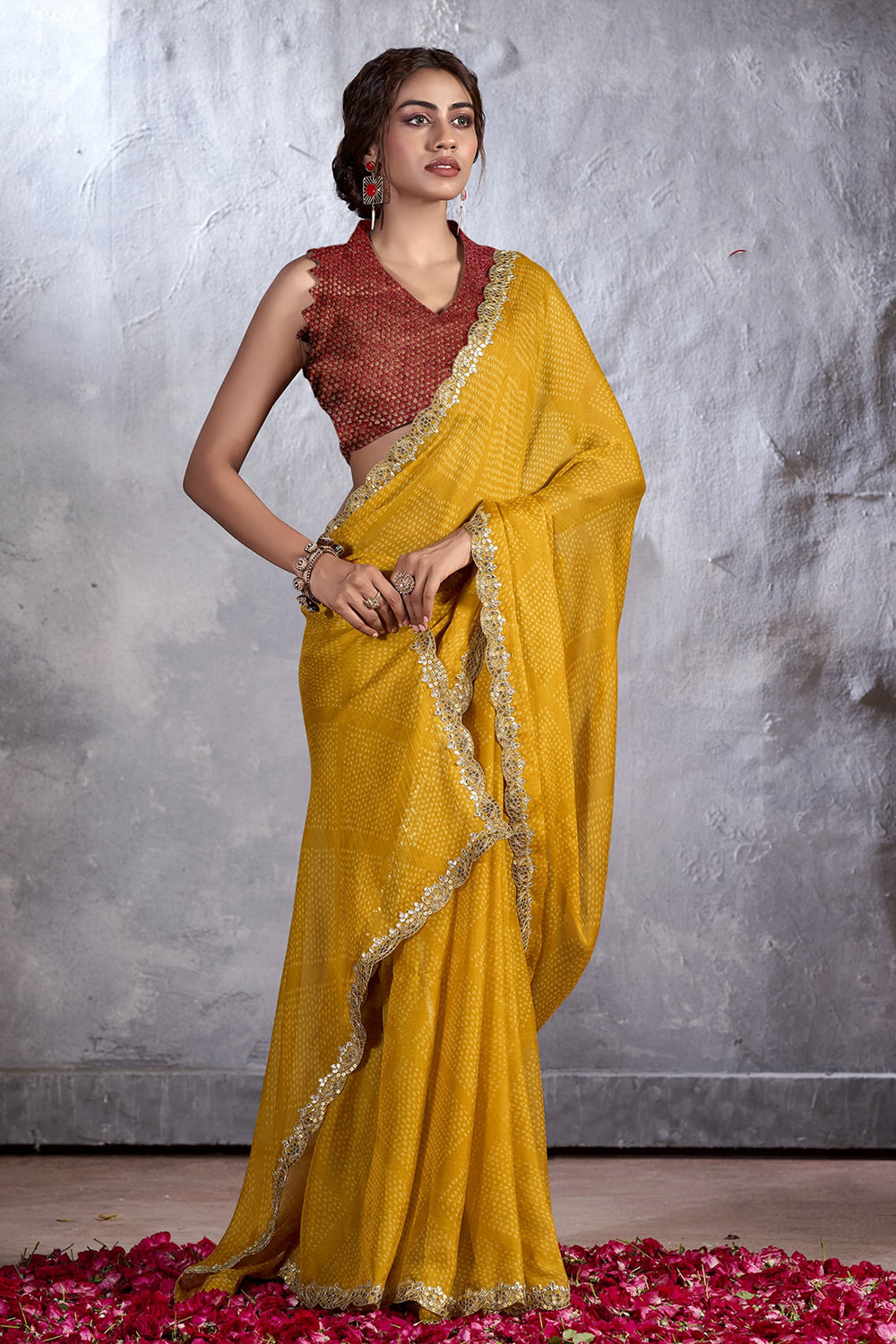 Sun Yellow Designer Georgette Bandhani Saree