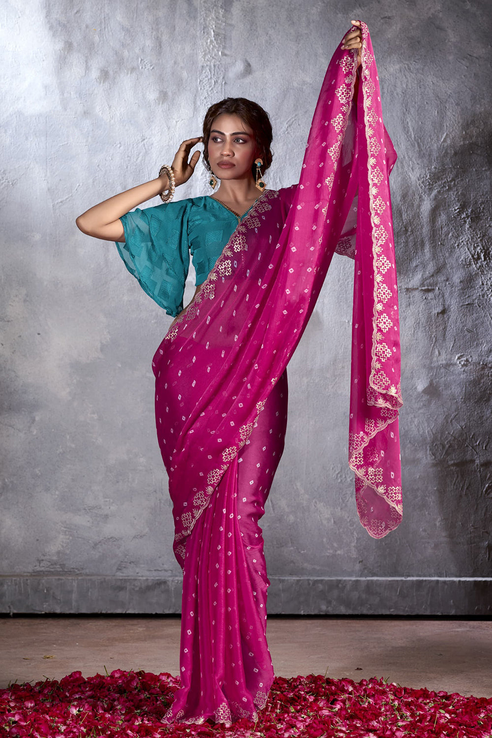 Rose Pink Designer Georgette Bandhani Saree