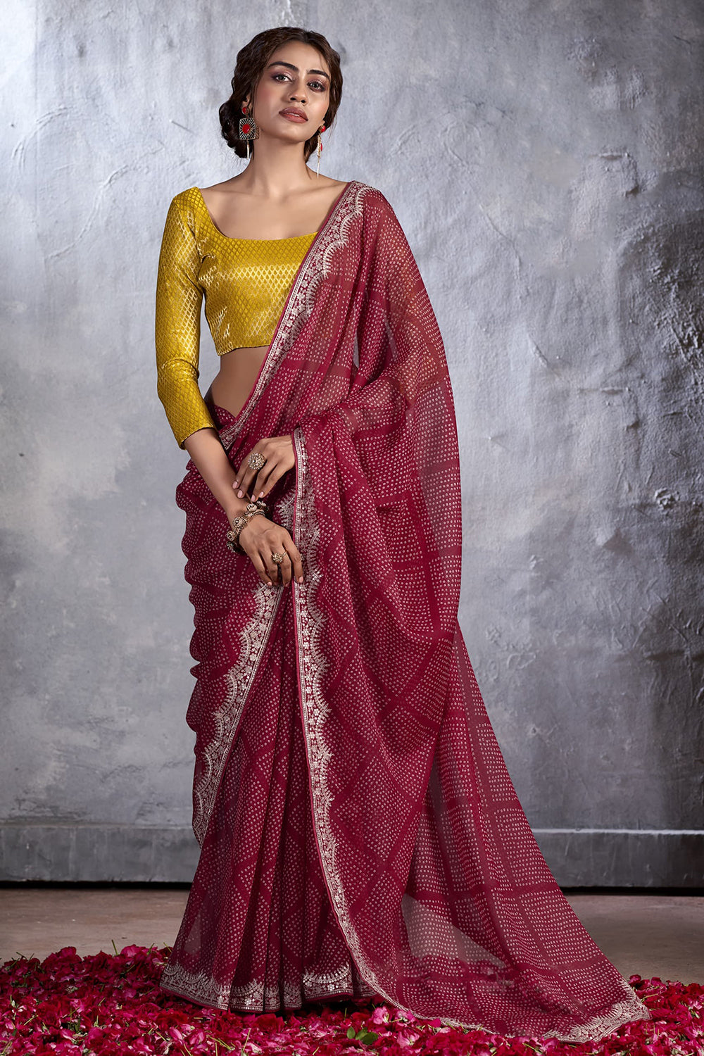 Tosca Maroon Designer Georgette Bandhani Saree