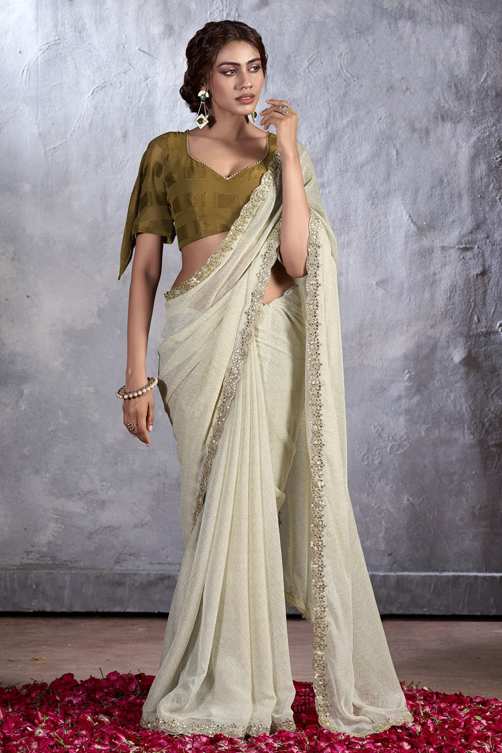 Pearl White Designer Georgette Bandhani Saree