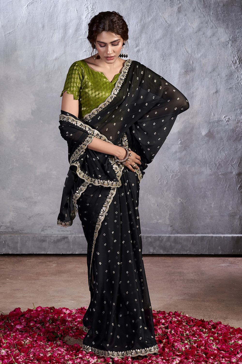 Rio Black Designer Georgette Bandhani Saree