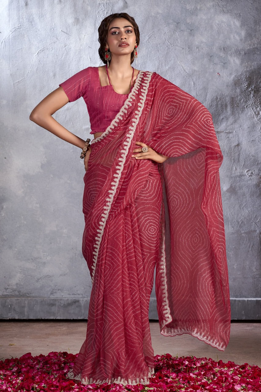 Cherry Pink Designer Georgette Bandhani Saree