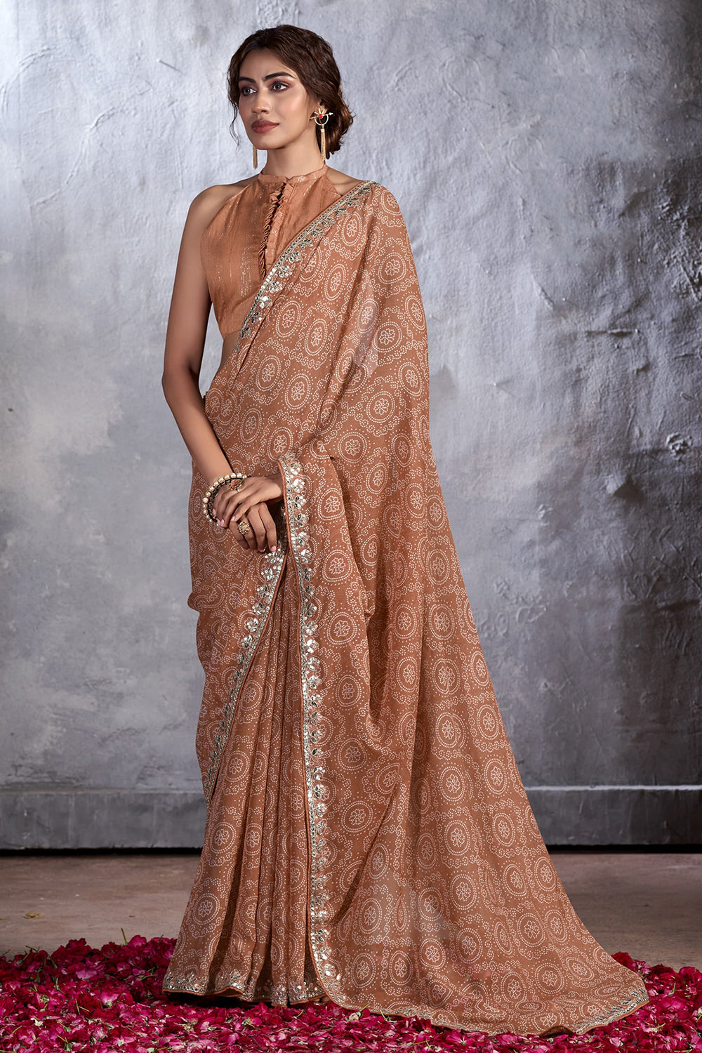 Ironstone Brown Designer Georgette Bandhani Saree