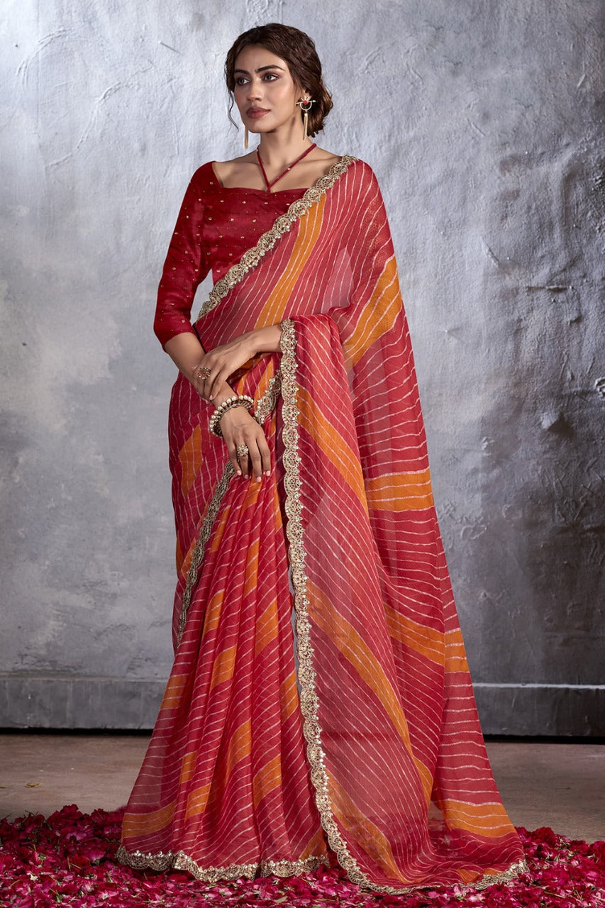 Fire Red Designer Georgette Bandhani Saree