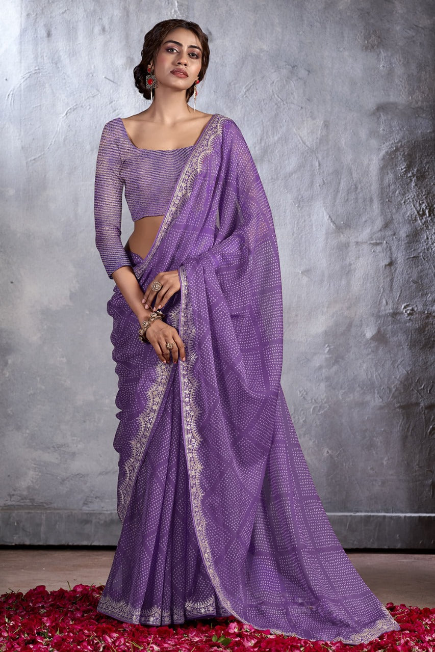 Trendy Purple Designer Georgette Bandhani Saree