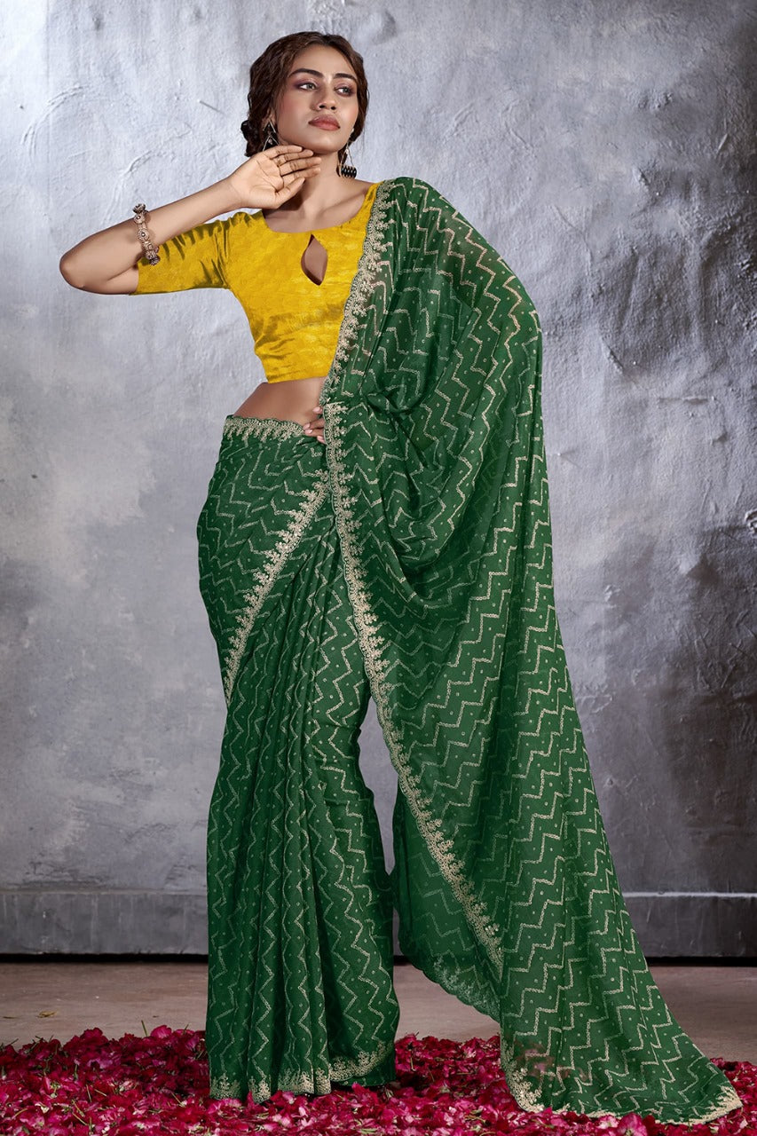 Forest Green Designer Georgette Bandhani Saree