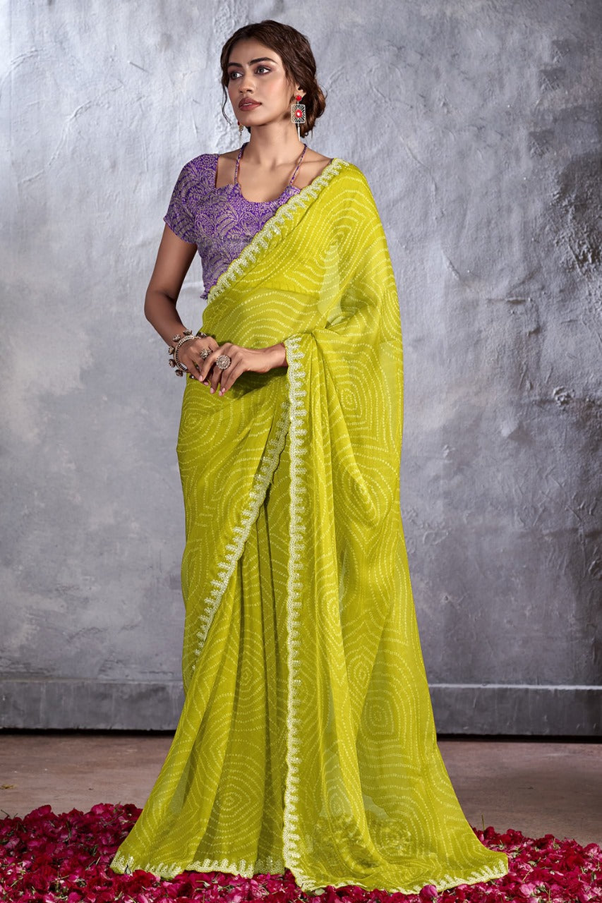 Neon Yellow Designer Georgette Bandhani Saree