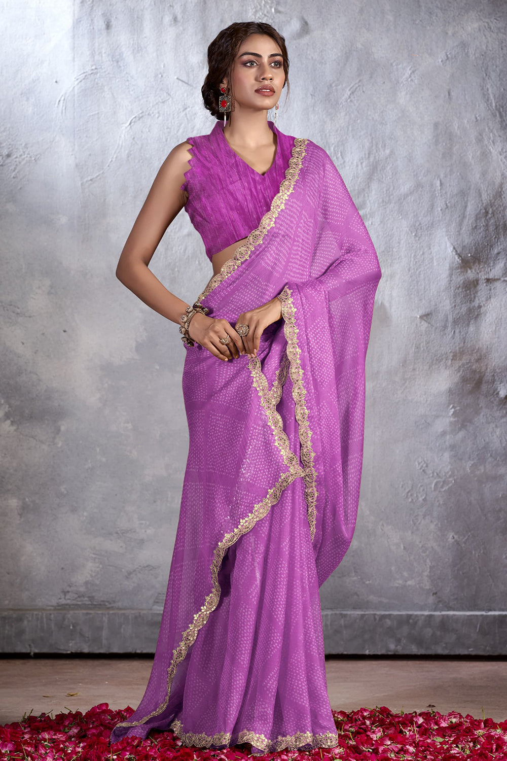 East Side Purple Designer Georgette Bandhani Saree