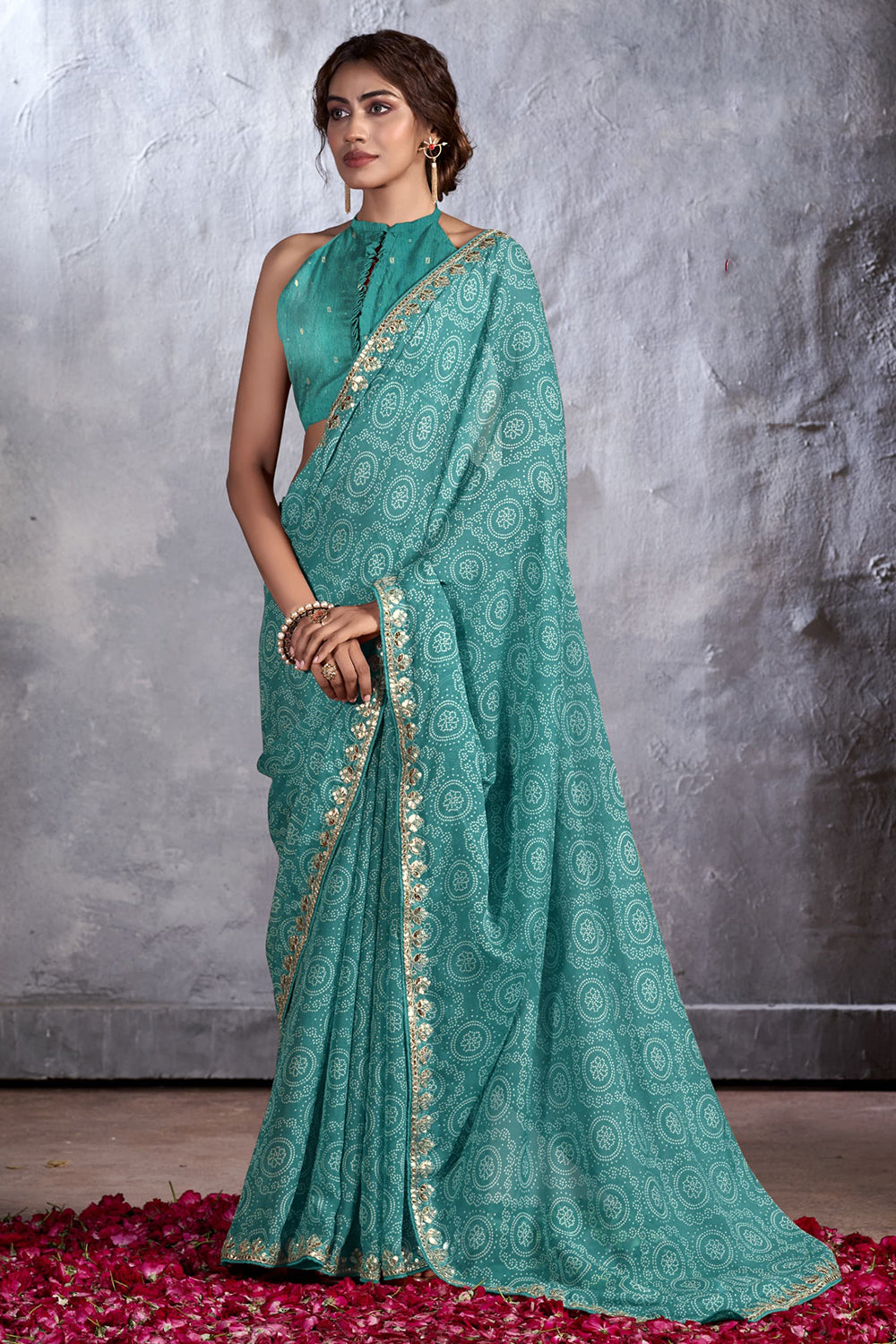 Winter Blue Designer Georgette Bandhani Saree