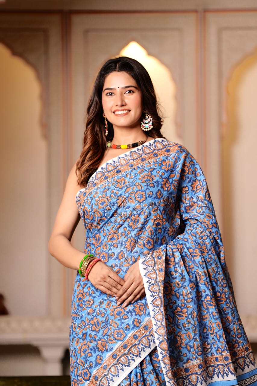 Hoki Blue Pure Cotton Handblock Printed Saree