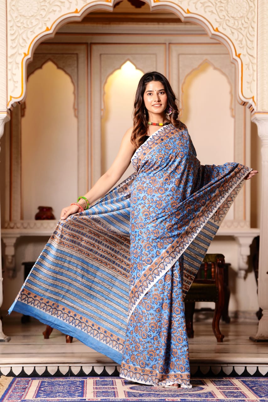 Hoki Blue Pure Cotton Handblock Printed Saree