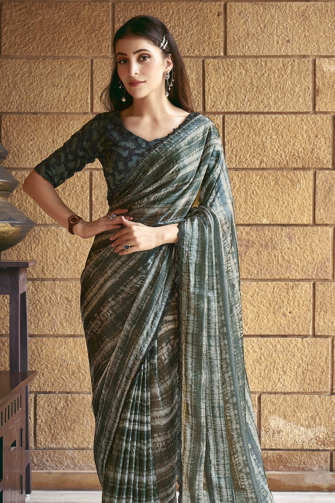 Siam Green Satin Printed Silk Saree