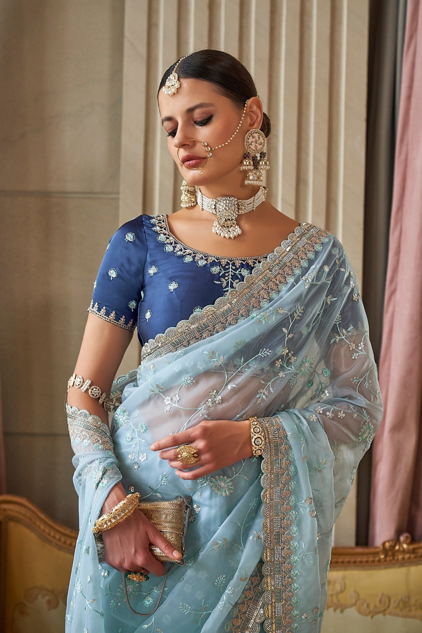 Nepal Blue Tissue Designer Saree