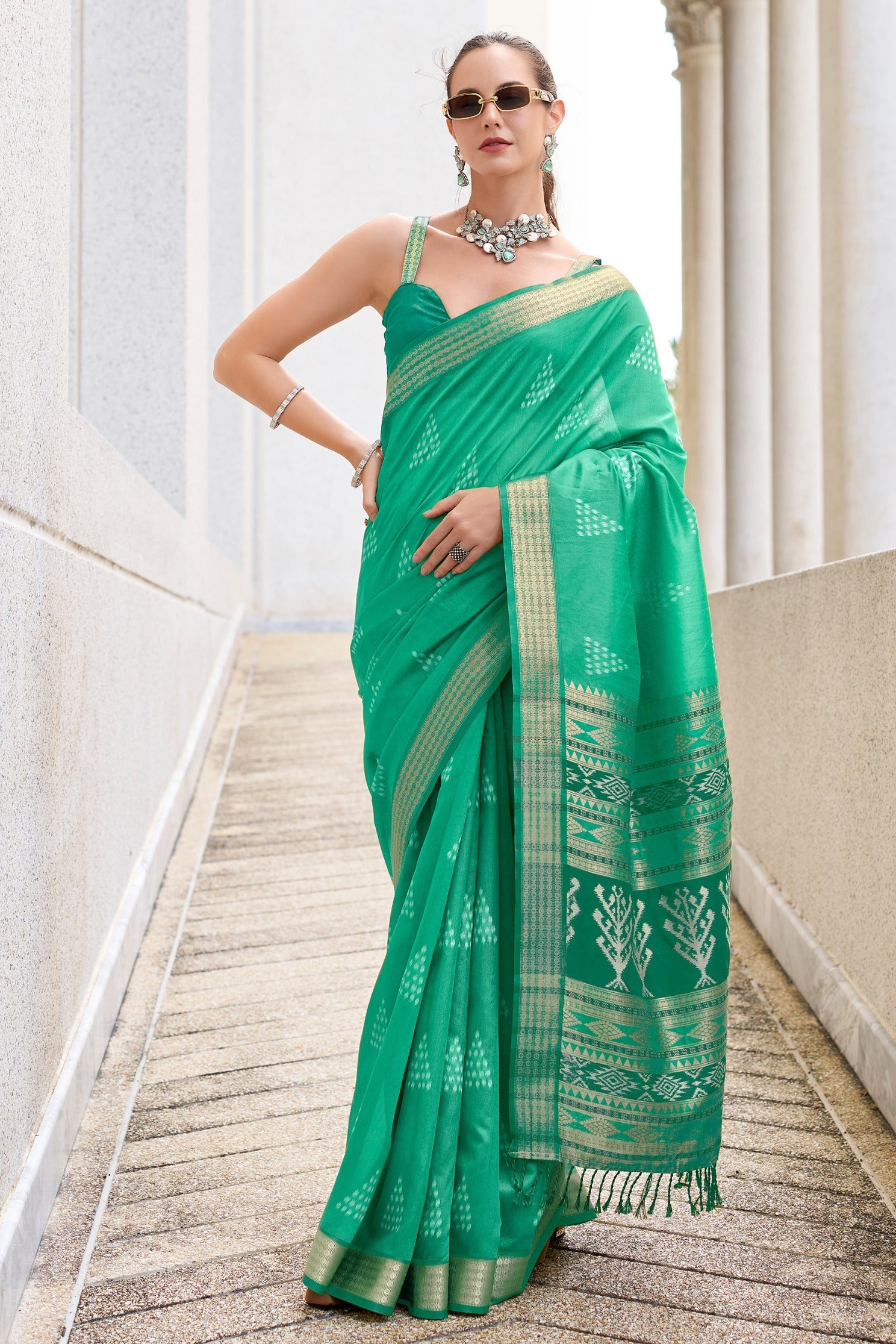 Funk Green Ikkat Woven Banarasi Saree