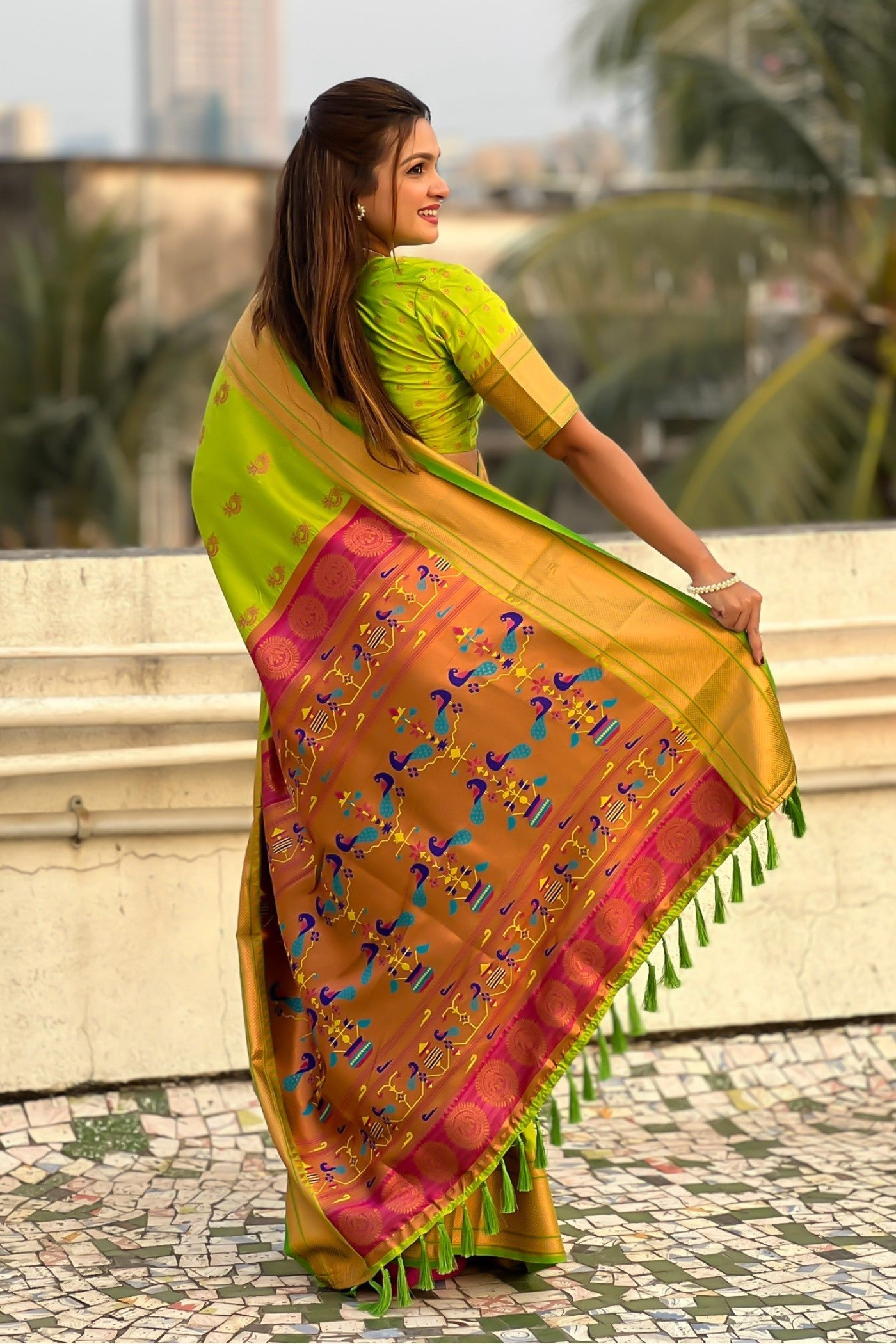 Parrot Green Zari Woven Nath Paithani Saree