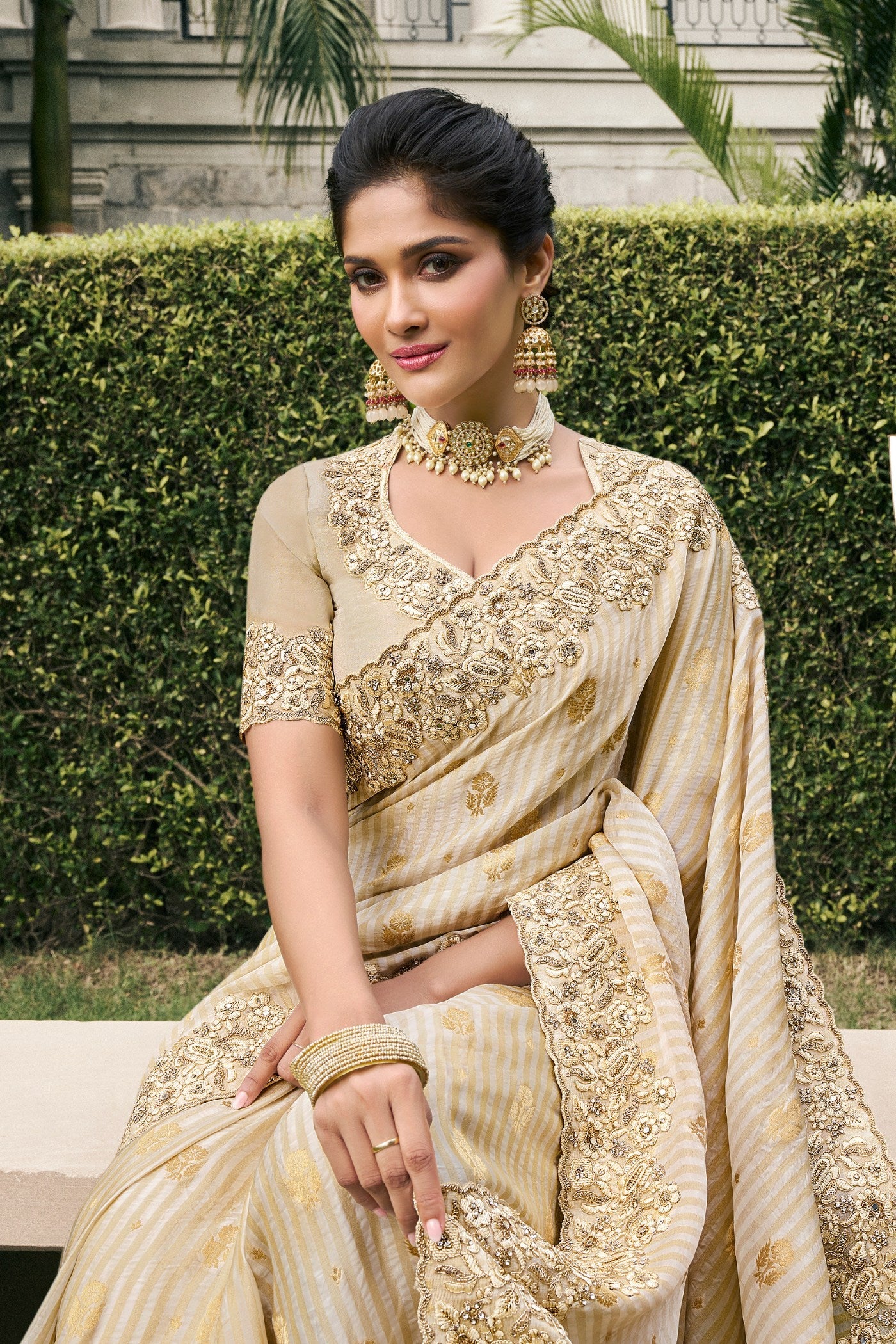 Cameo Cream Banarasi Designer Embroidered Saree