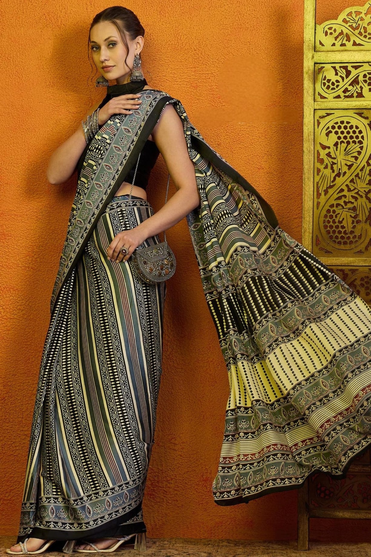 Birch Grey Printed Ajrakh Satin Crepe Saree