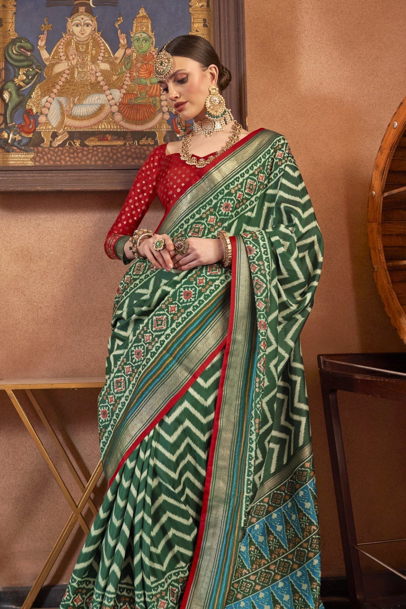 Asparagus Green Printed Patola Saree