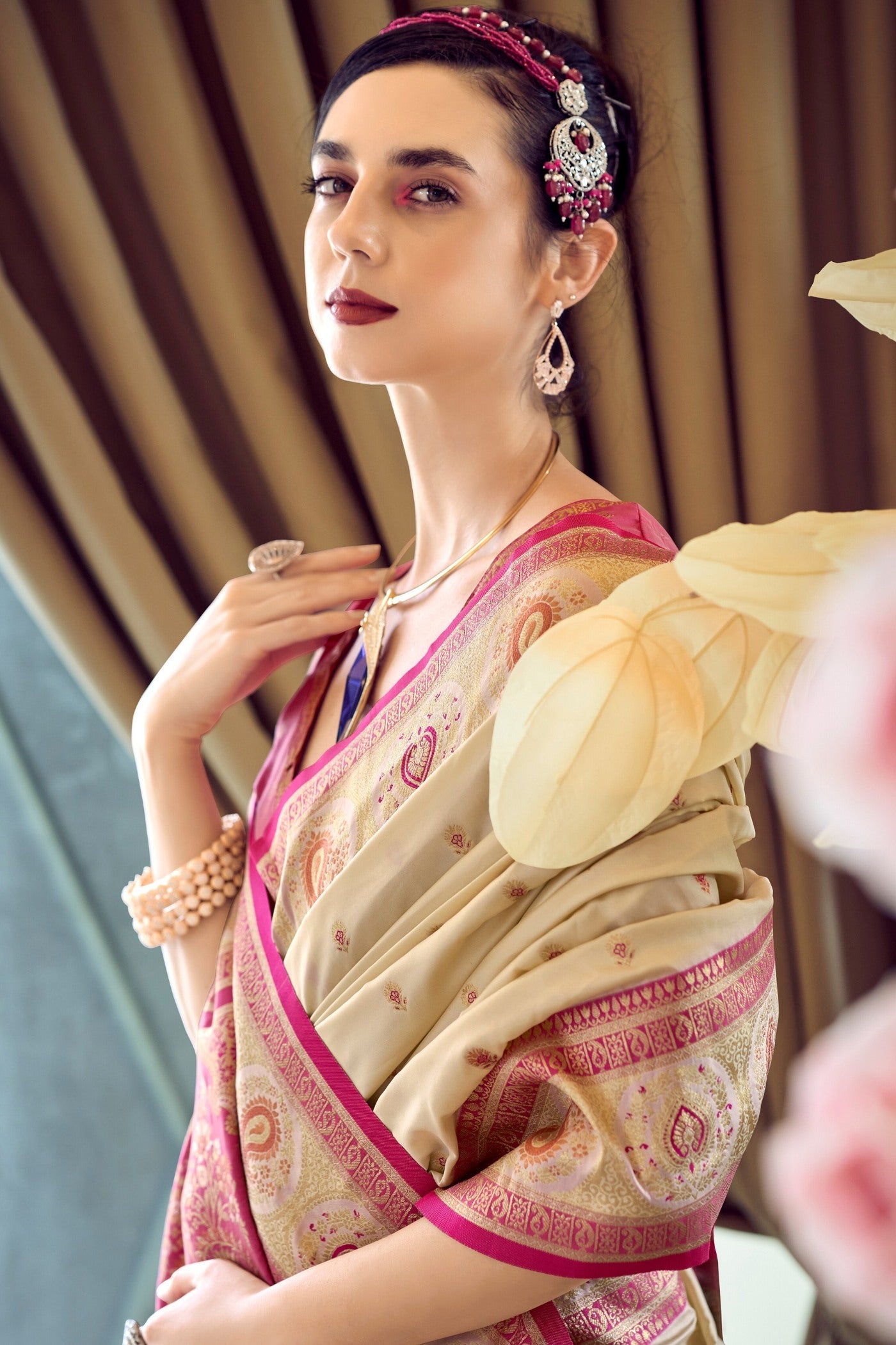 Brandy Cream Woven Banarasi Soft Silk Saree