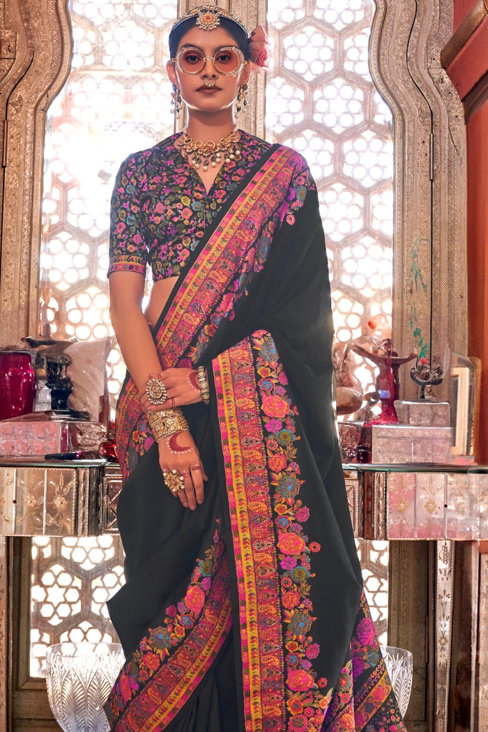 Cape Cod Black Printed Banarasi Saree