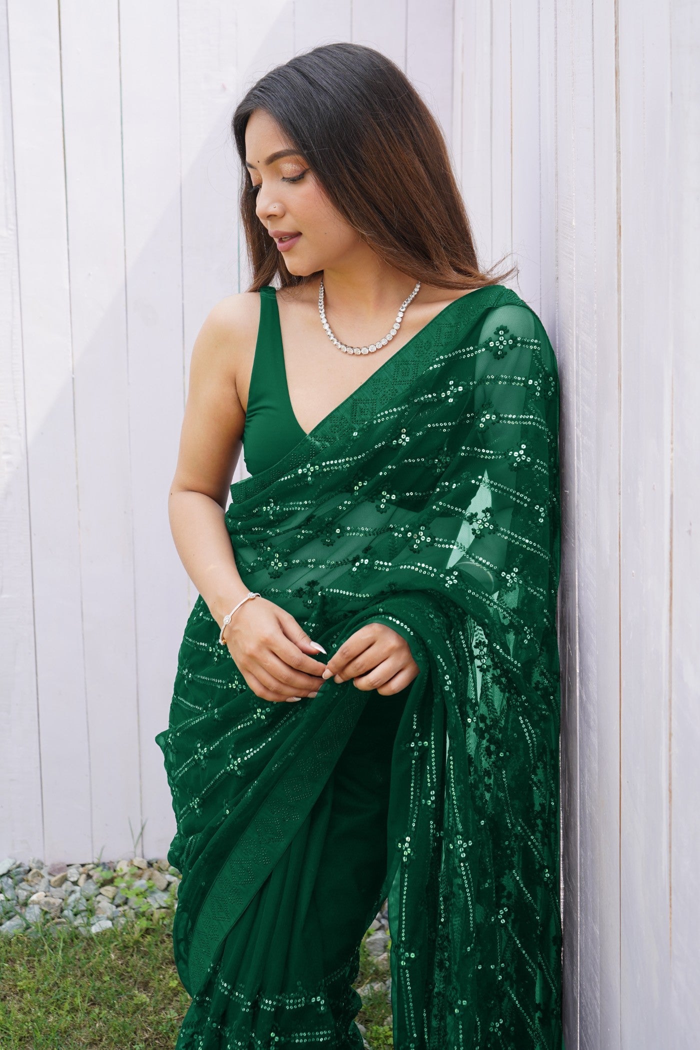 Dark Jugle Green Embroidered Partywear Saree