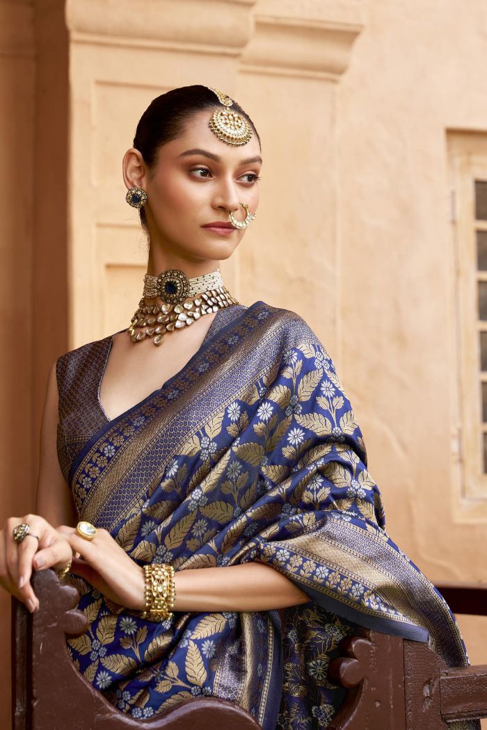 Navy Blue Woven Banarasi Saree