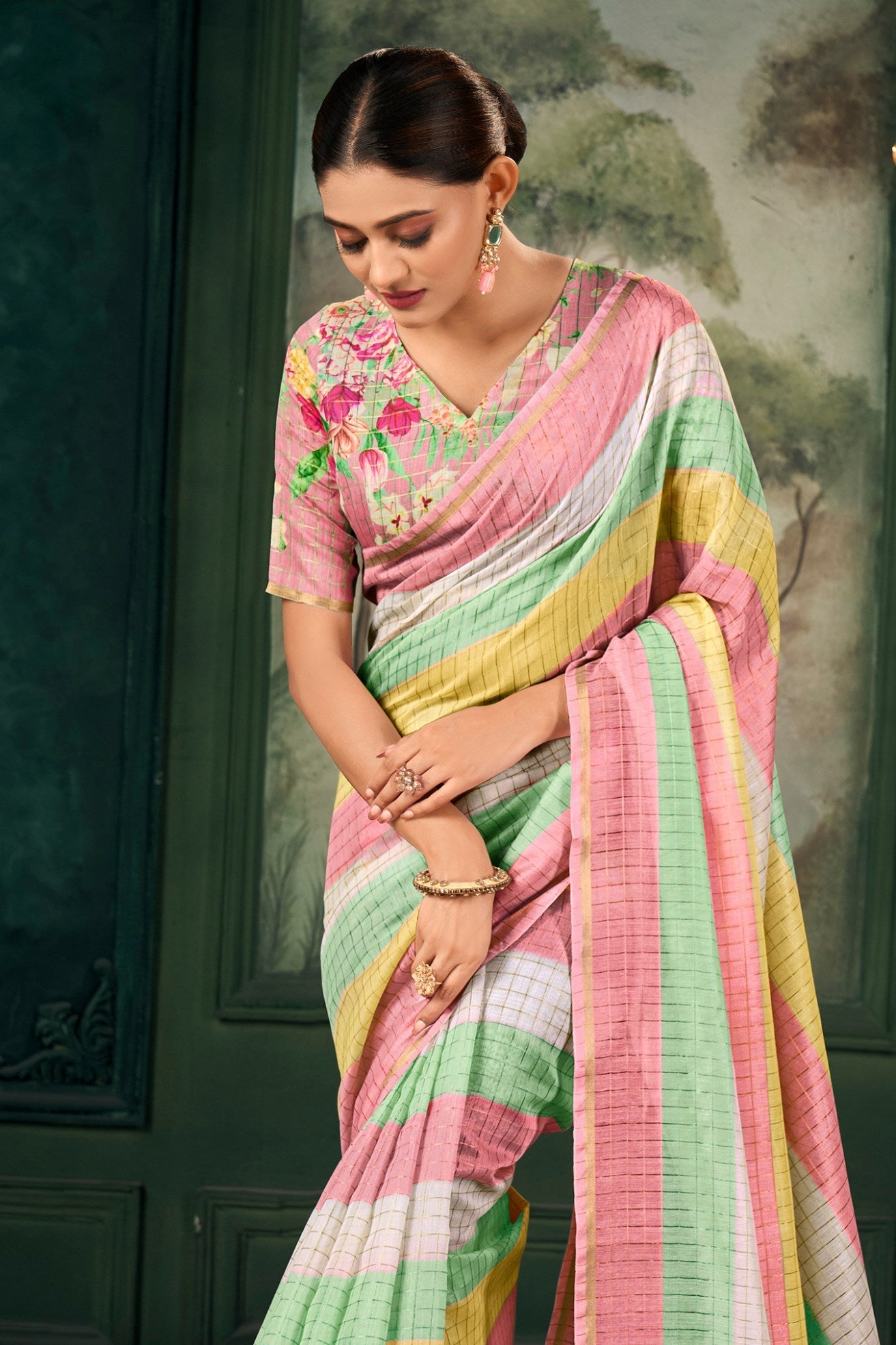 Heathered Green Chanderi Linen Saree