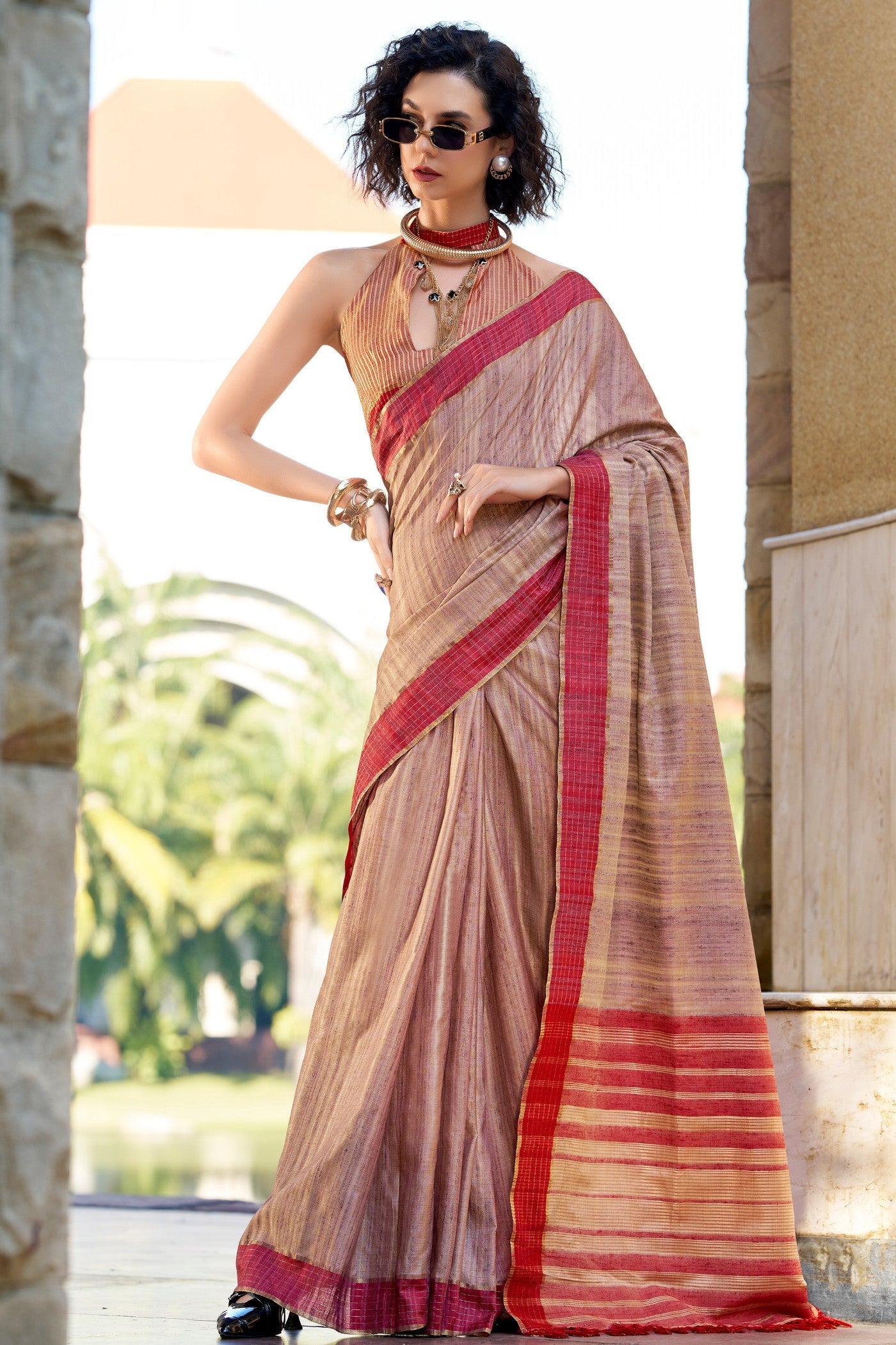 Antique Brass Brown Handloom Katan Saree