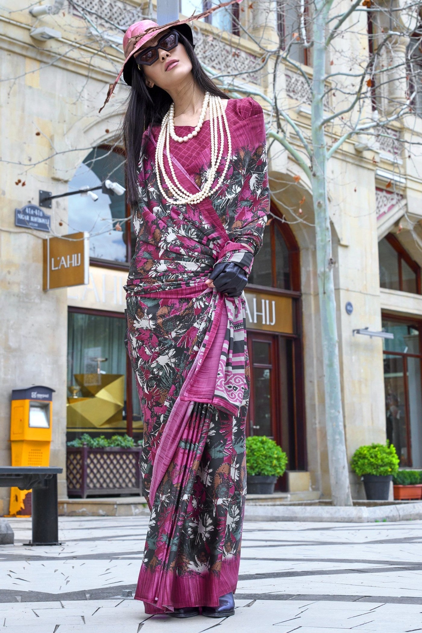 Berry Pink and Brown Printed Satin Crepe Silk Saree