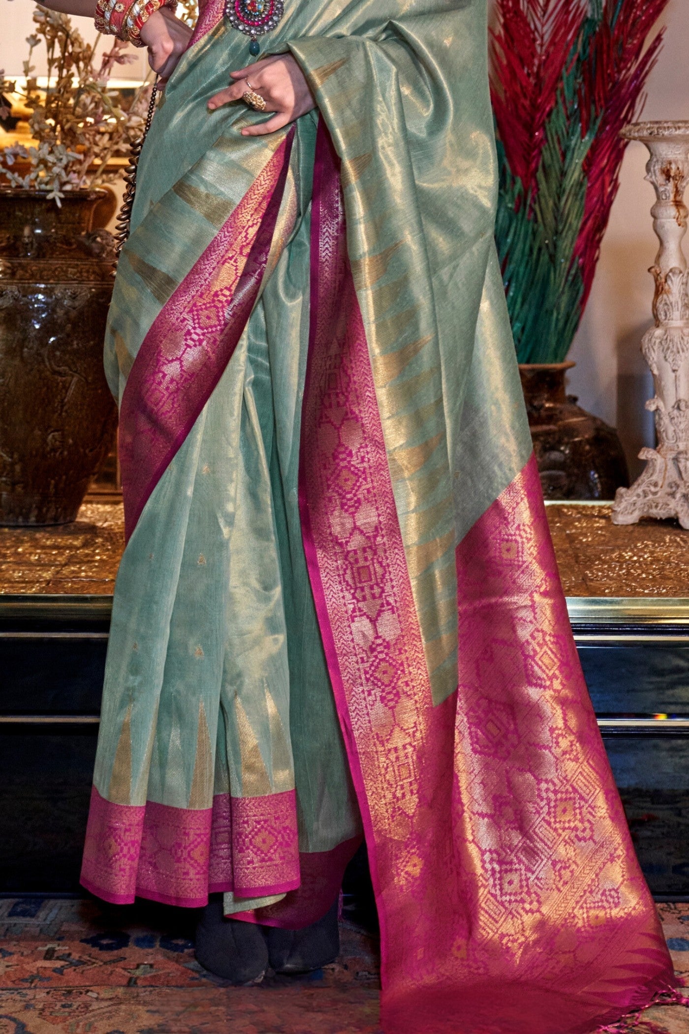 Pine Green Woven Tissue Silk Saree